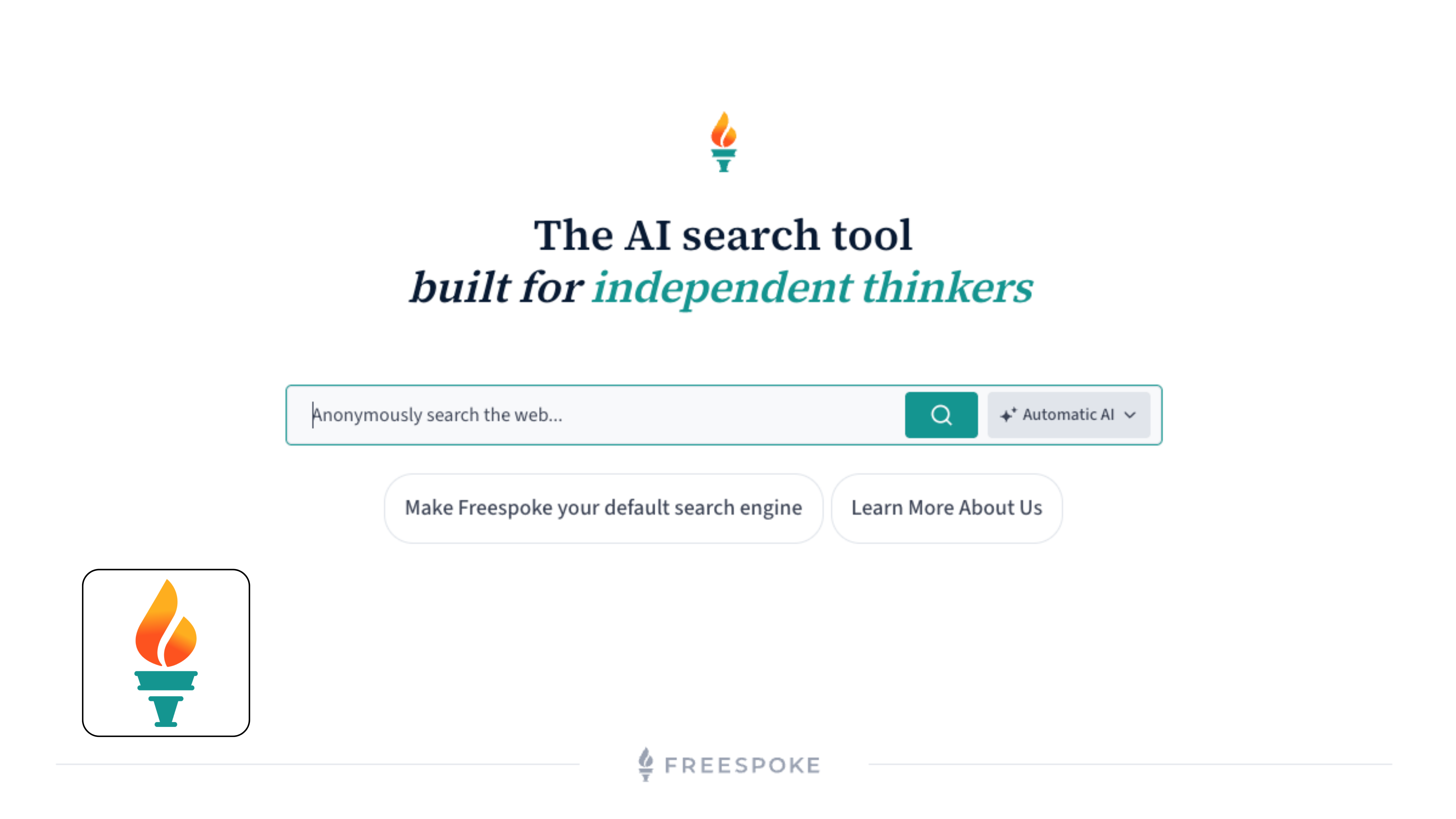 Freespoke search home page with torch logo, headline 'The AI search tool built for independent thinkers' and search bar