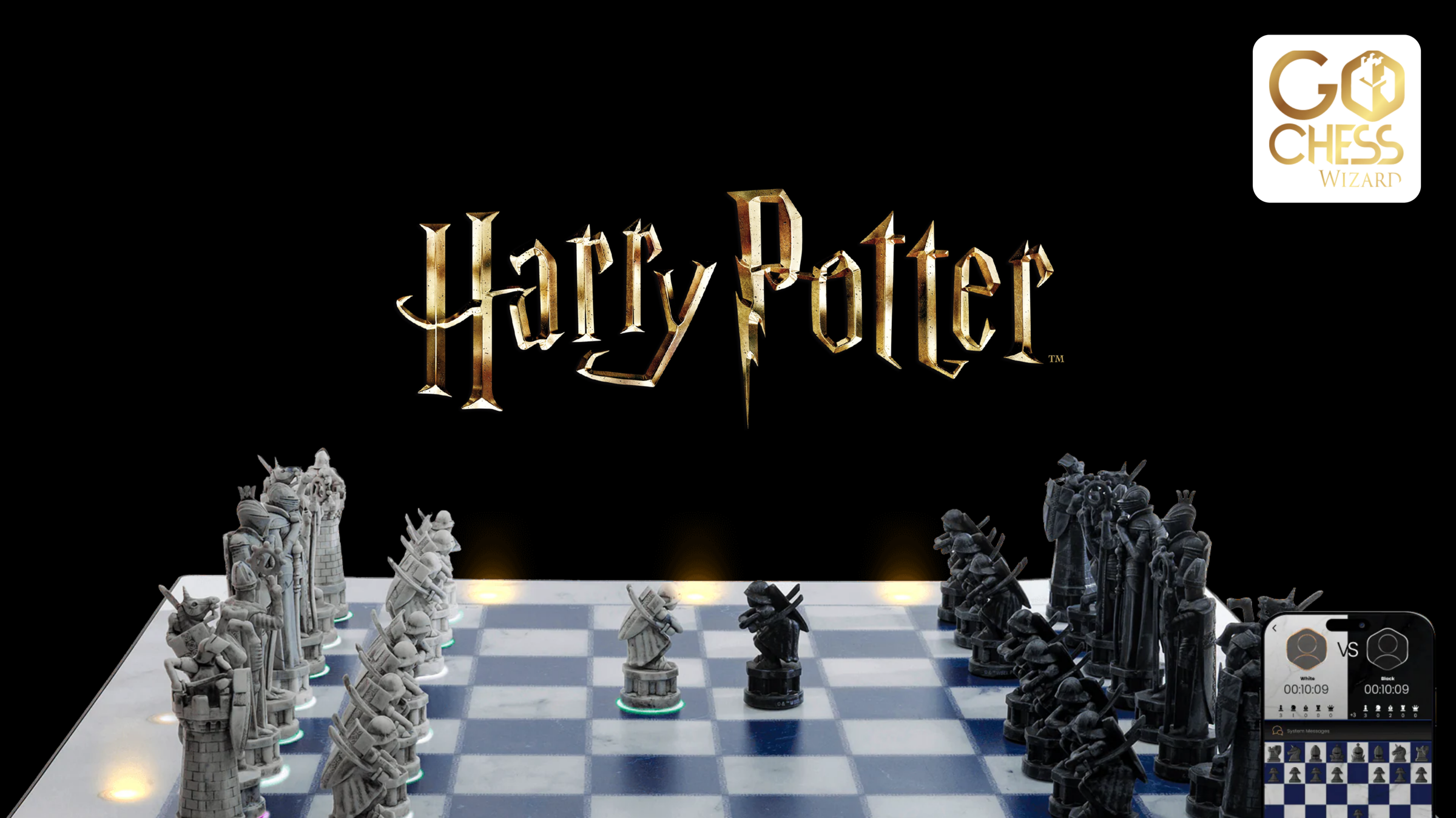 Harry Potter chess set on a lit blue-and-white board, Go Chess Wizard logo top right, phone showing a match timer