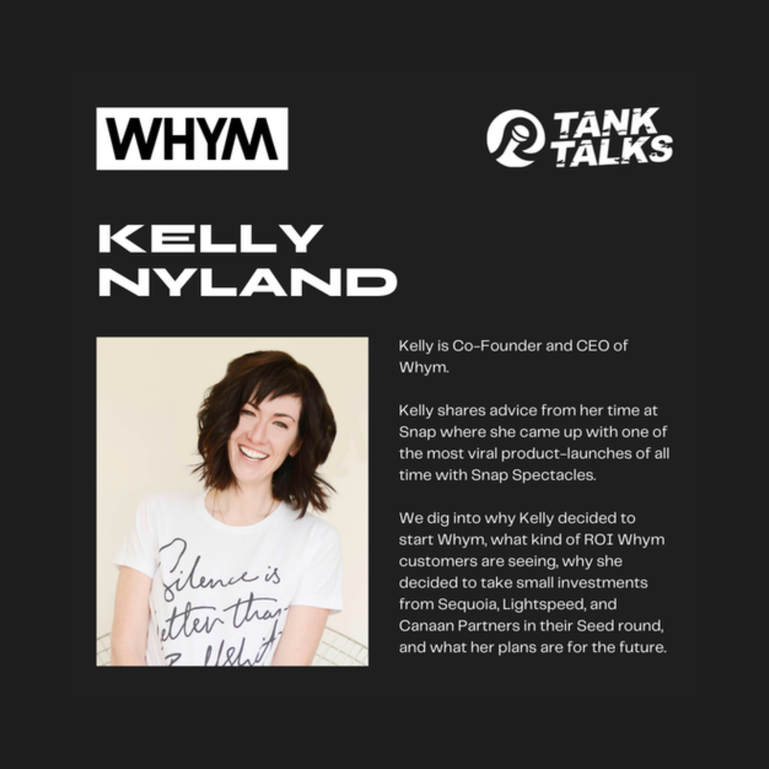 Black Tank Talks podcast card with Whym logo, Kelly Nyland's name, a portrait and episode description