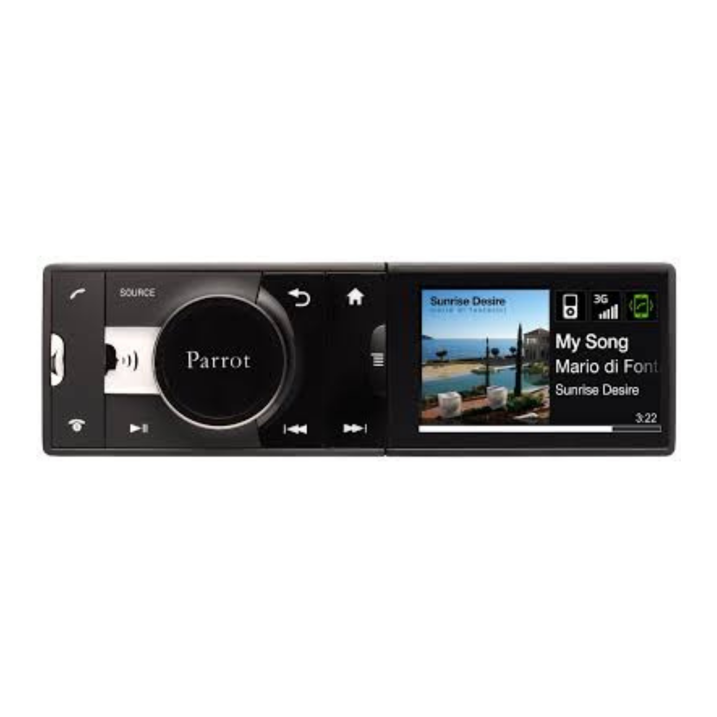 Black in-dash car stereo with a Parrot-branded control dial, call and transport keys, and a color track screen