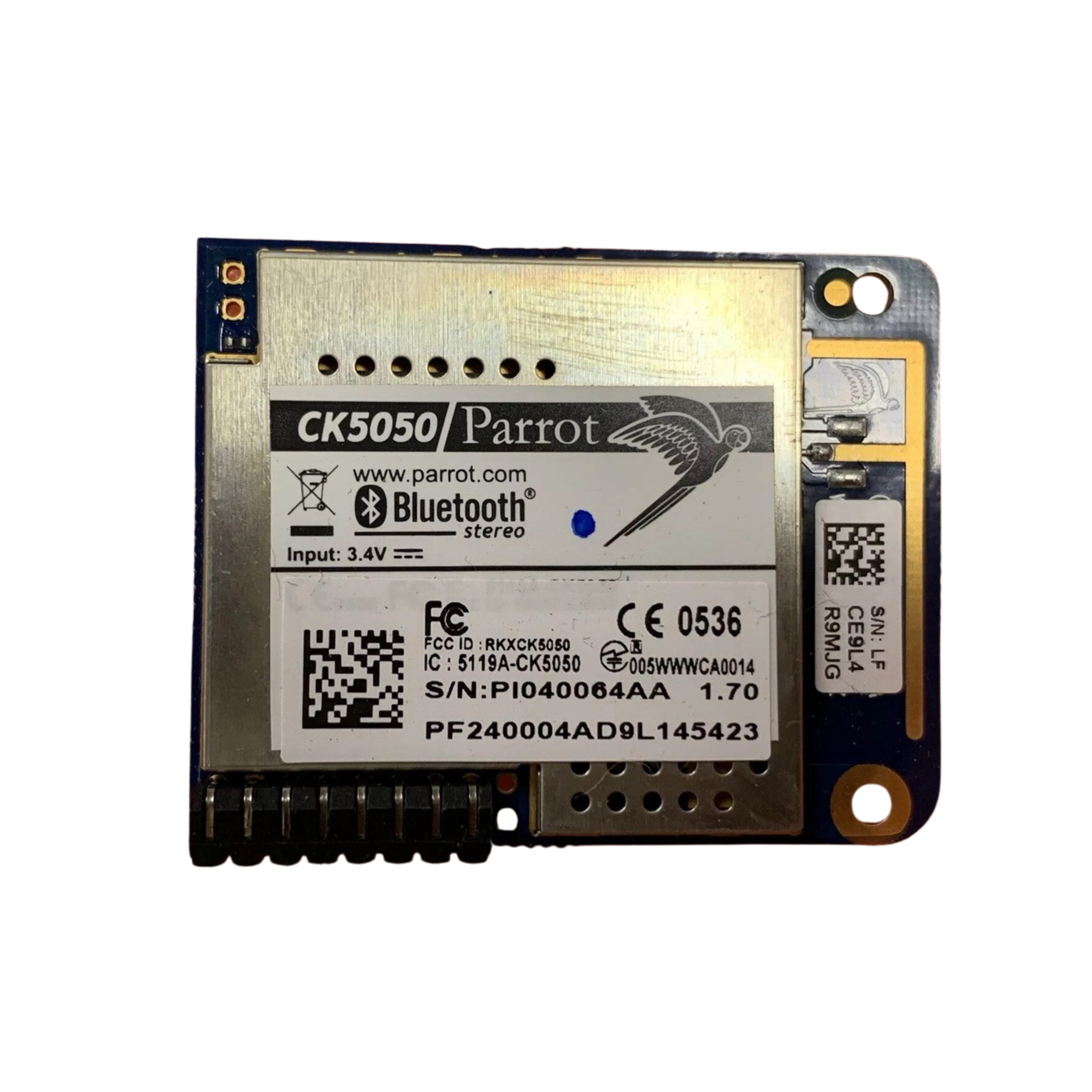 Parrot CK5050 Bluetooth stereo hands-free module circuit board with shielded can and regulatory label
