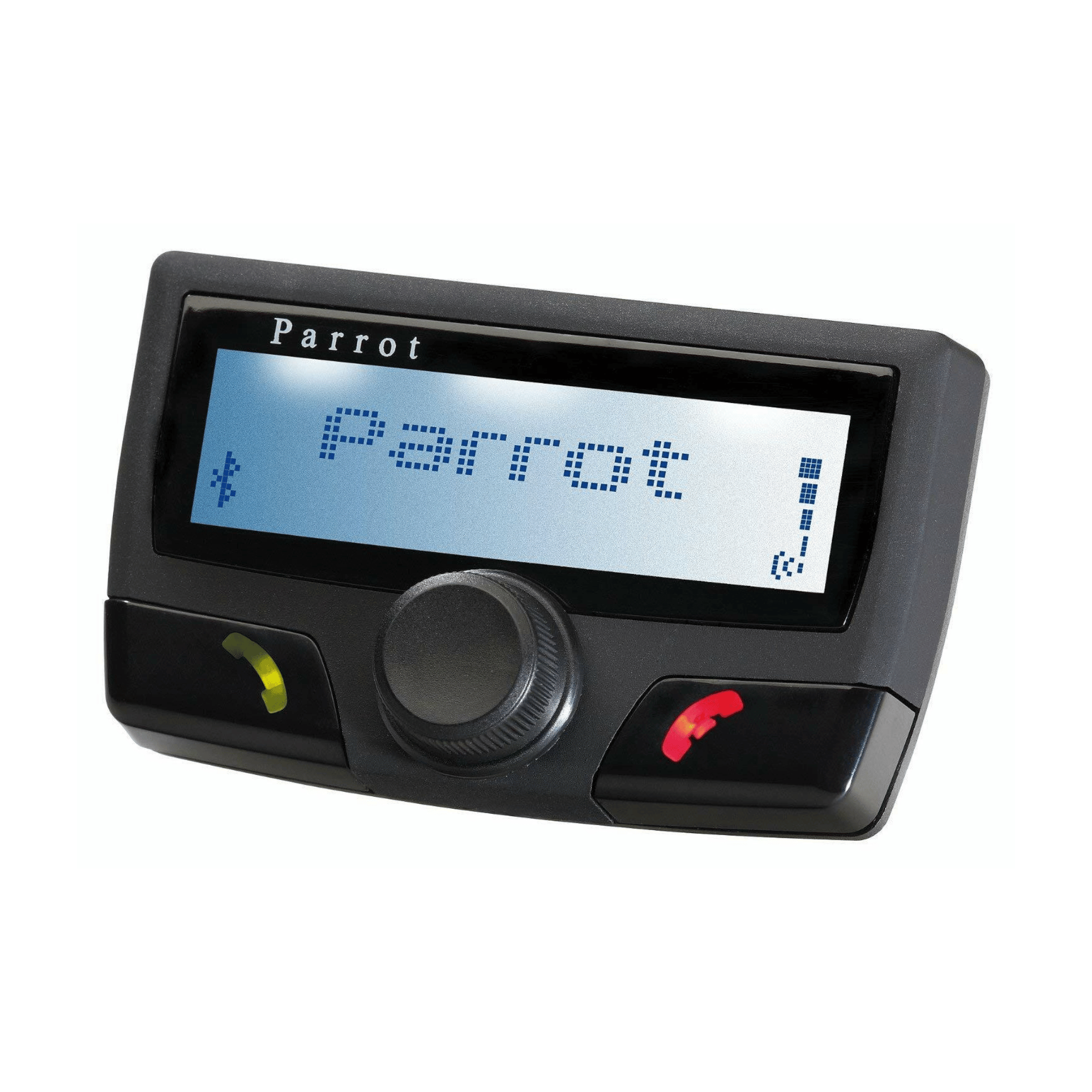 Black in-dash Bluetooth hands-free display, blue LCD reading Parrot, jog dial between green answer and red end keys