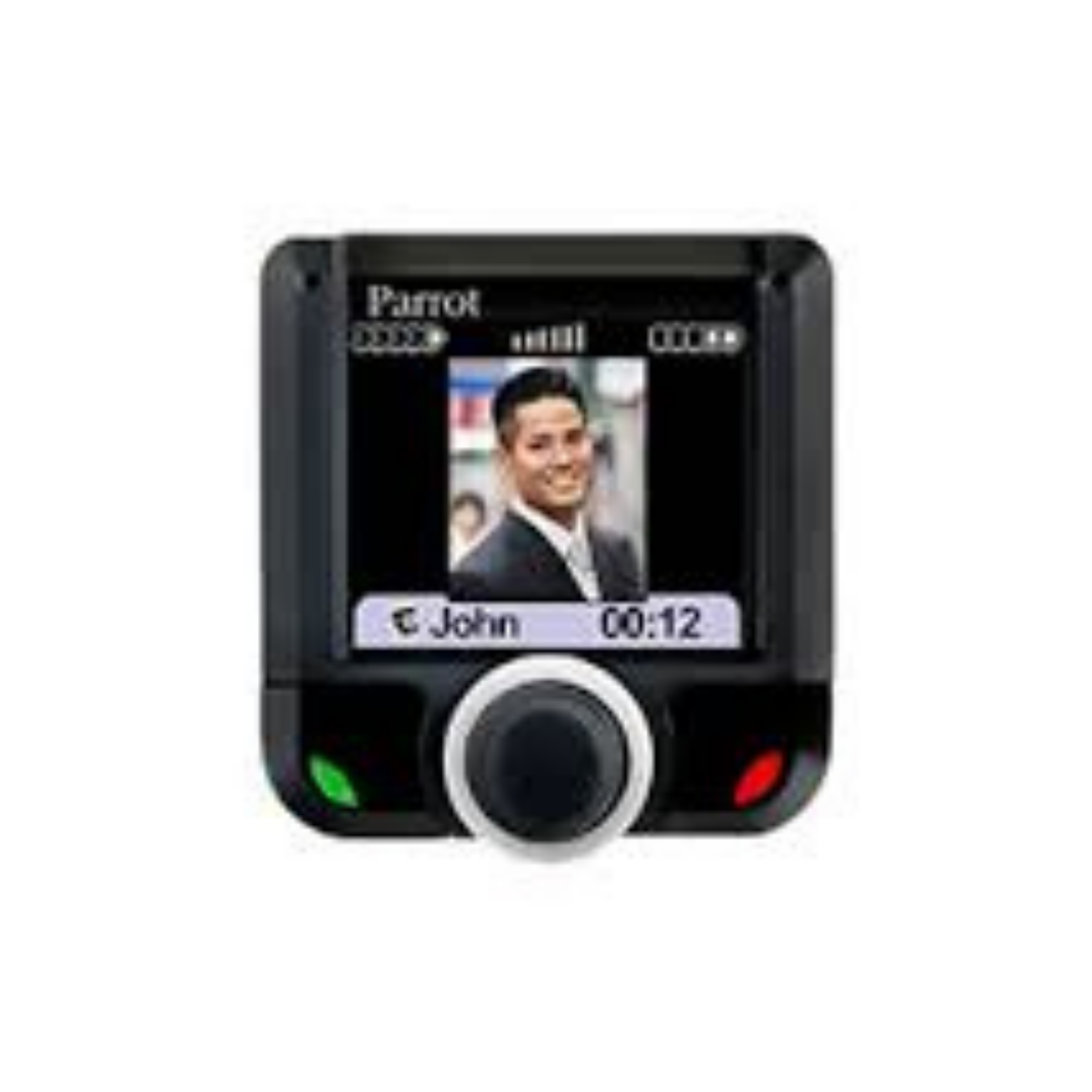 Square black Bluetooth car kit; a colour screen shows a caller's photo, the name John and a 00:12 call timer