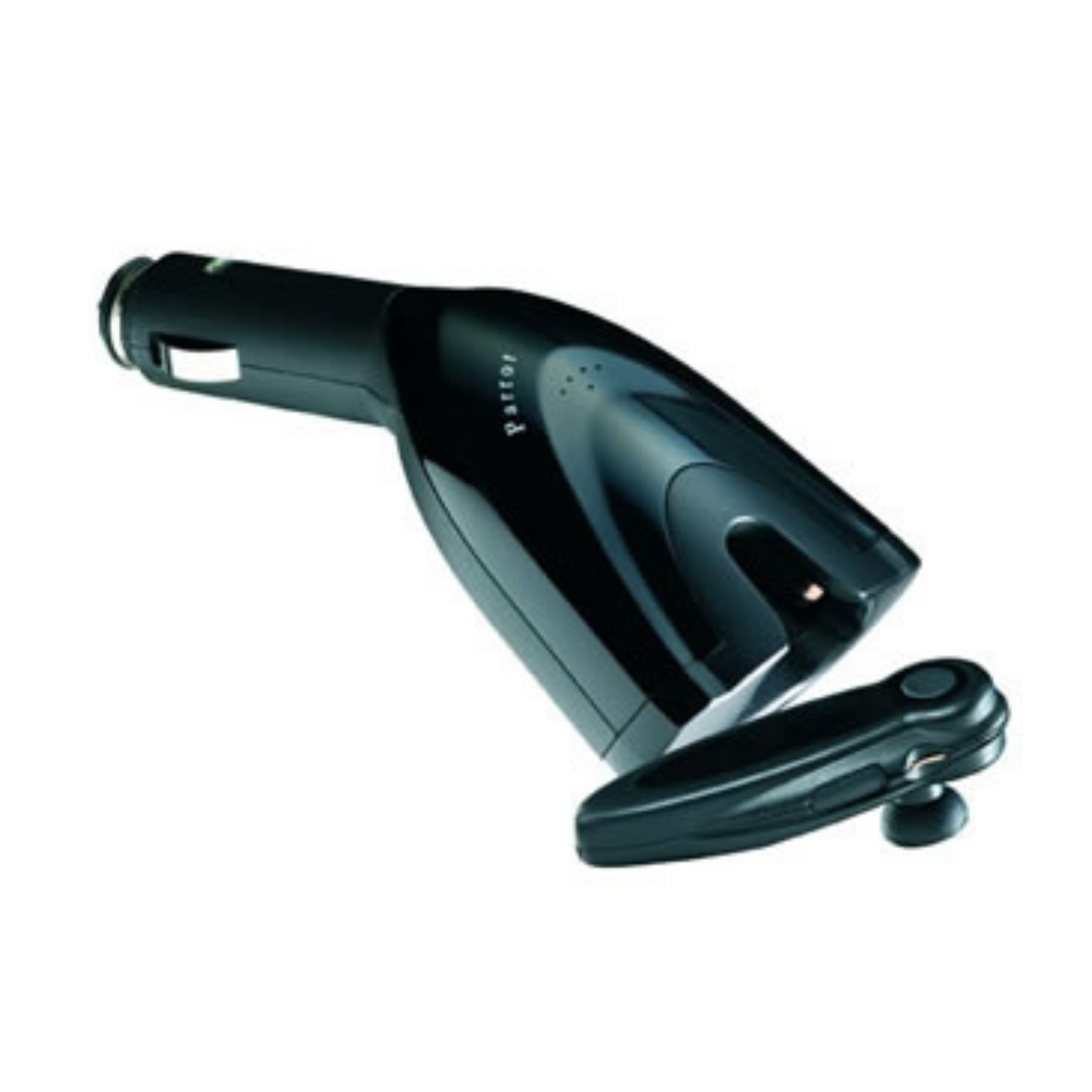 Black Parrot 12V charging cradle shaped like a dock, with a slim black Bluetooth ear-hook headset resting beside it