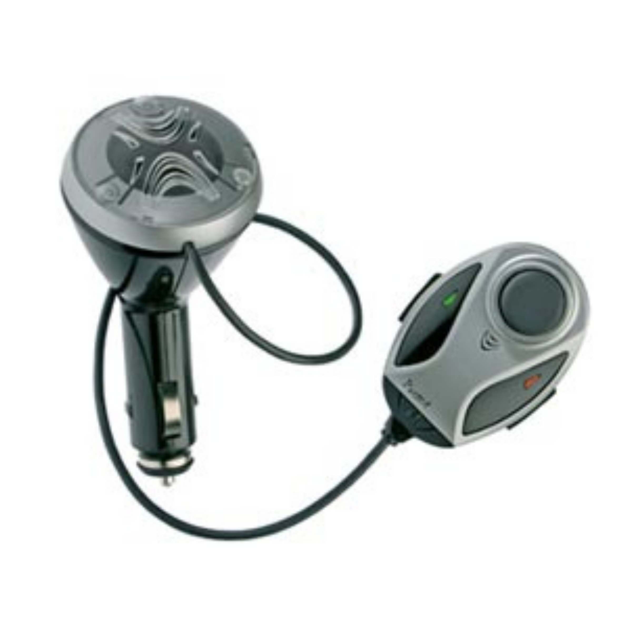 Silver and grey Parrot hands-free kit: a round speaker on a 12V plug, wired to a control pod with a large jog dial