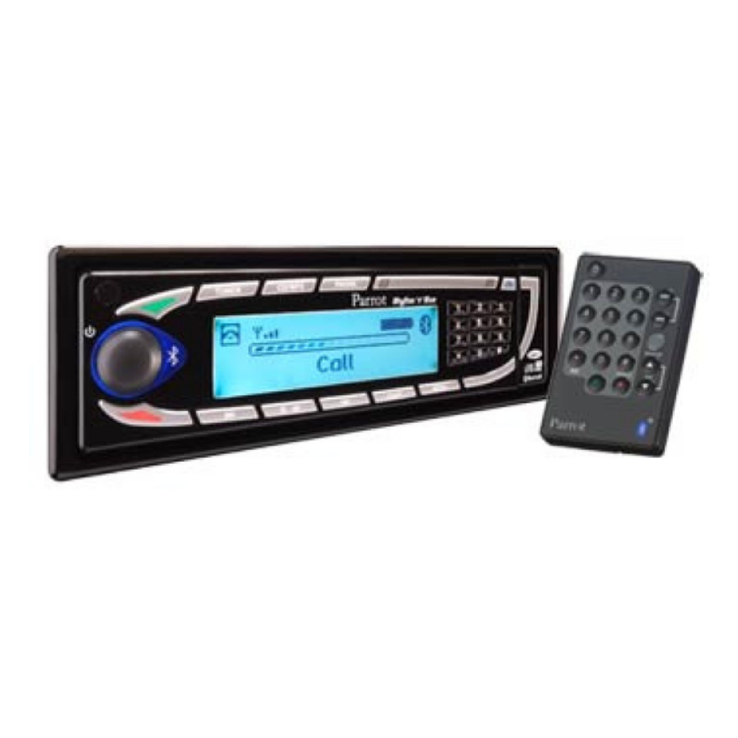 Single-DIN Parrot head unit with a blue backlit screen reading Call, a Bluetooth jog dial and a separate keypad remote
