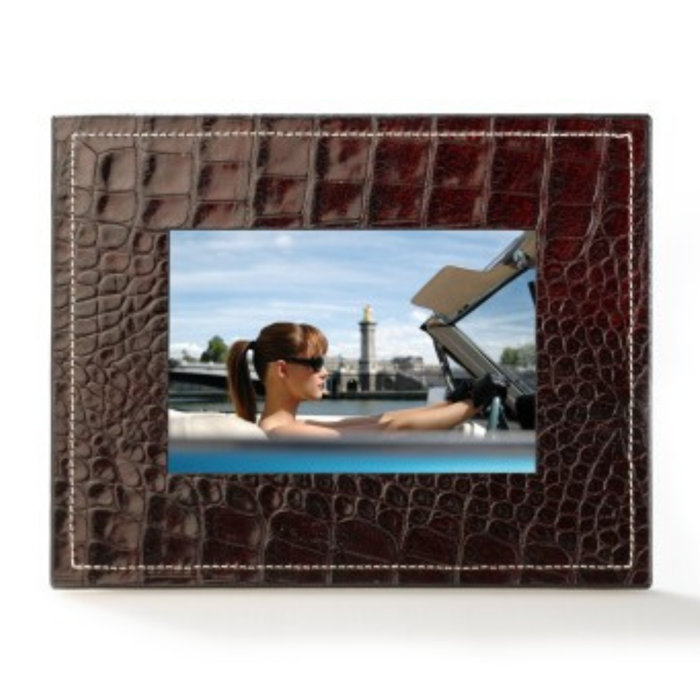 Parrot digital photo frame wrapped in dark crocodile-embossed leather with contrast stitching