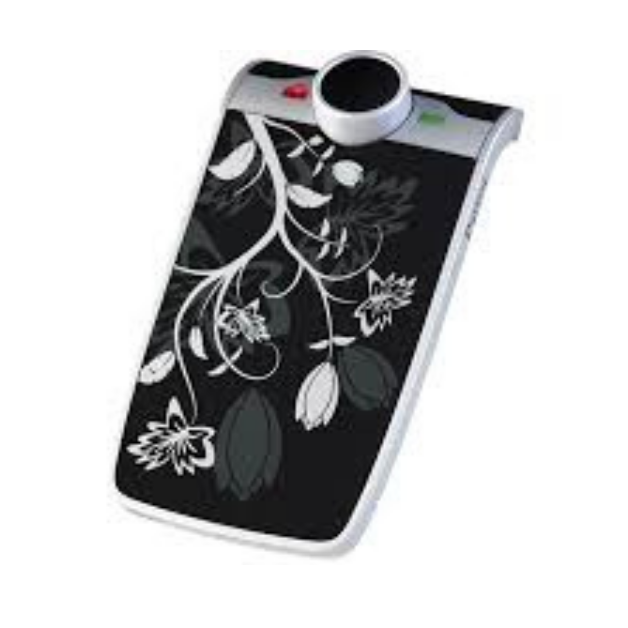 White-edged Parrot visor speakerphone with a black floral-patterned face, red and green call keys and a white jog dial