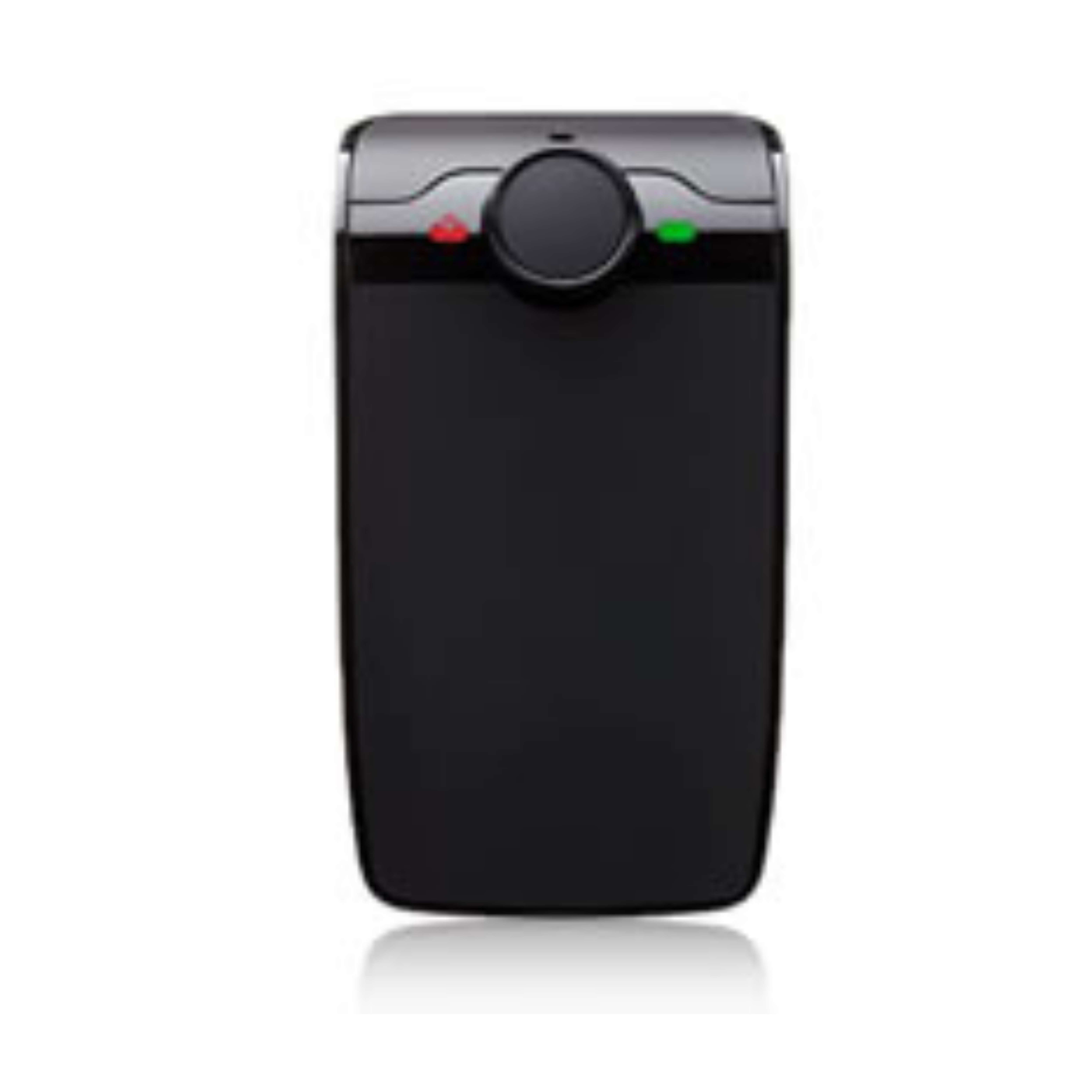 Black Parrot visor speakerphone seen head-on, a jog dial centred between a red end-call key and a green answer key