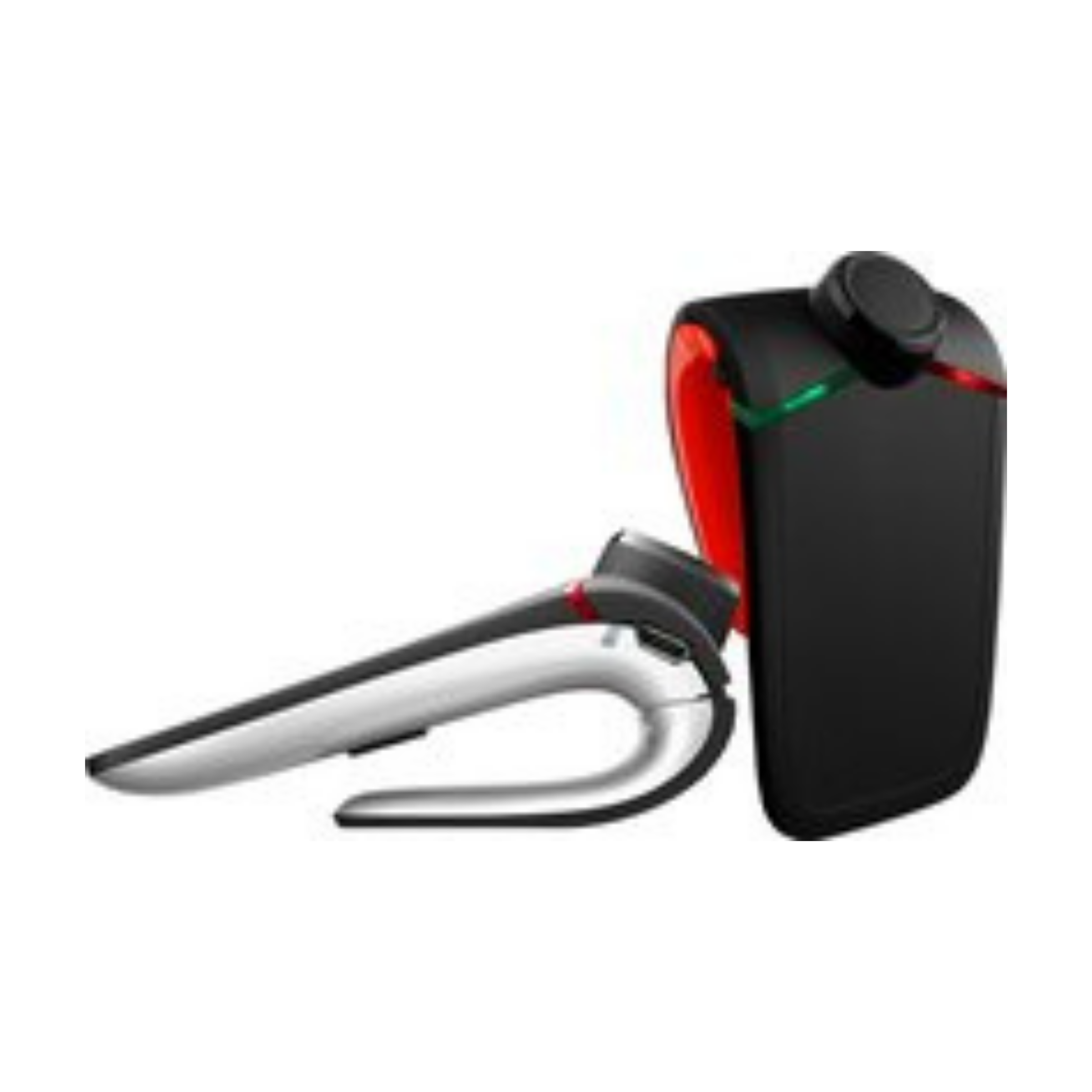 Black Parrot visor speakerphone with red trim and a jog dial, shown with a slim black and silver ear-hook headset