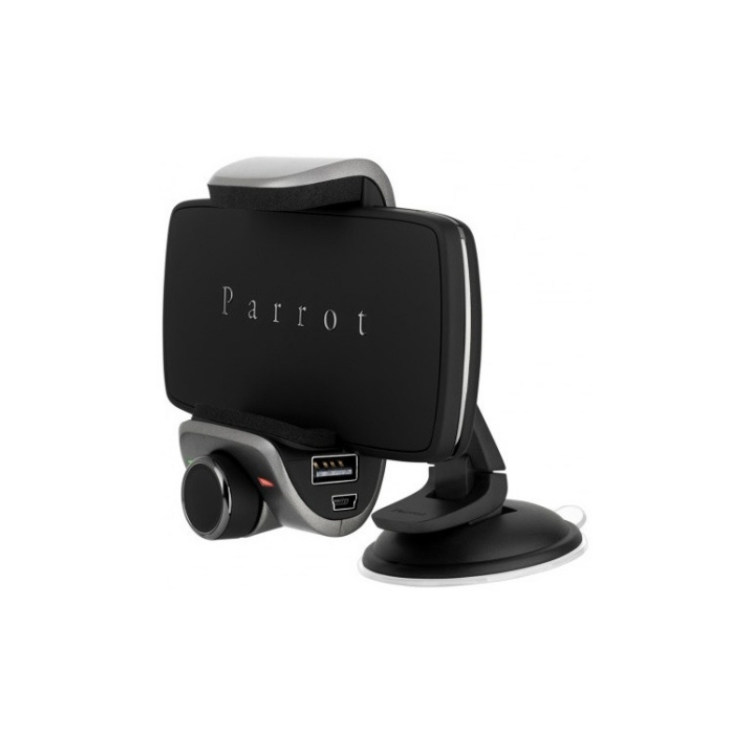Black Parrot windscreen phone cradle on a suction mount, with a Parrot wordmark, USB and mini-USB ports and a jog dial