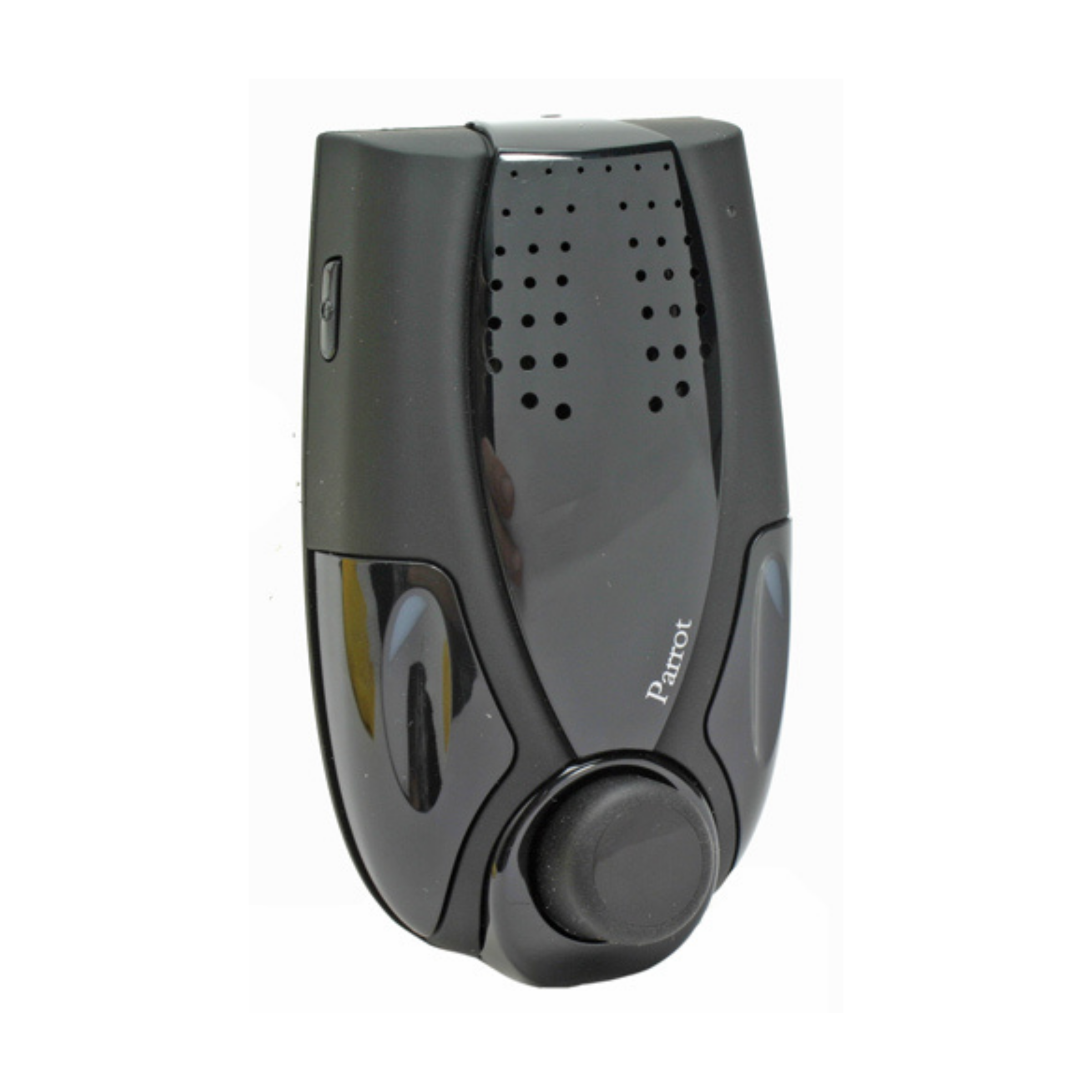 Glossy black Parrot speakerphone at an angle, with a perforated speaker grille, a side button and a round jog dial
