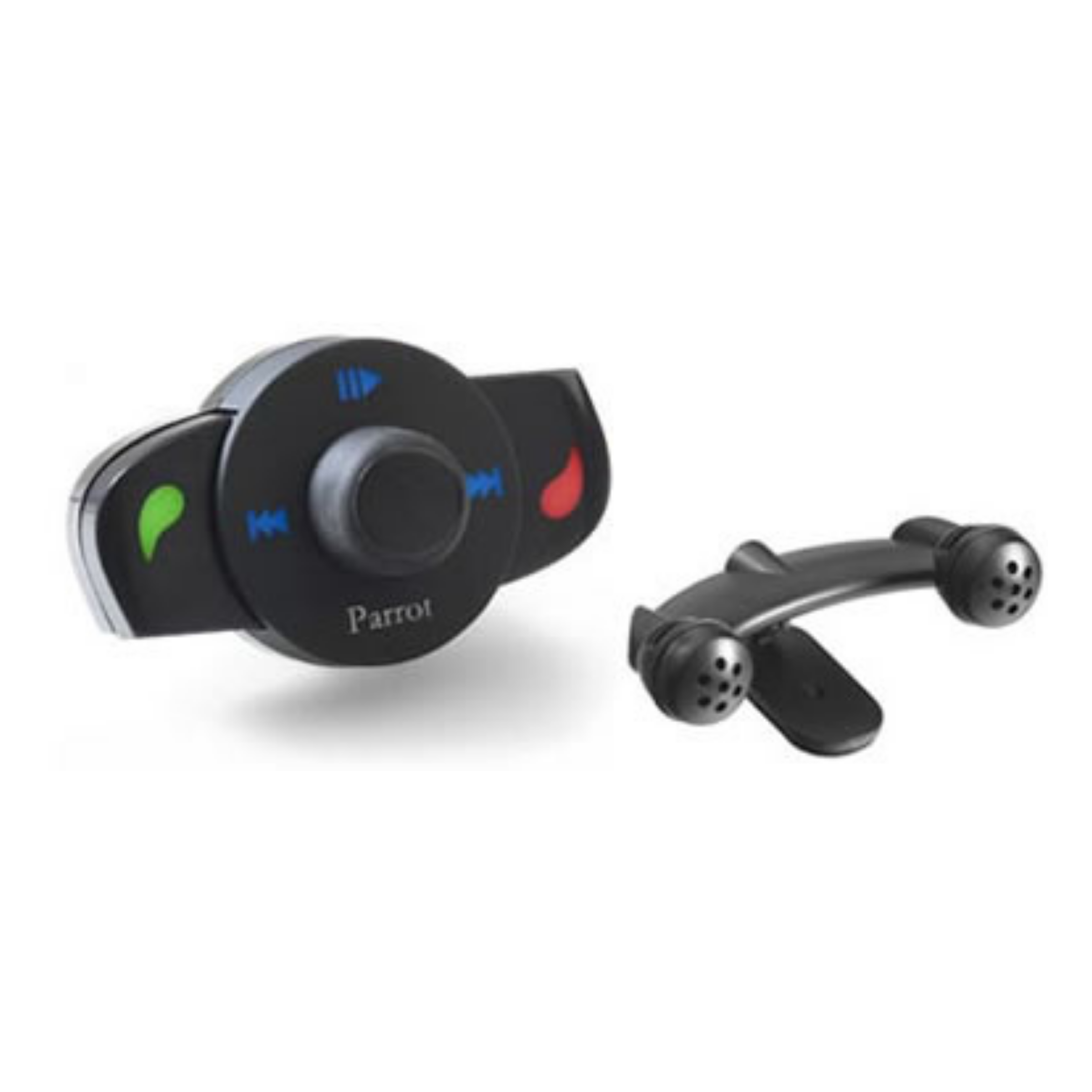Round black Parrot steering-wheel remote with call, end, skip and play keys, beside a twin-capsule clip-on microphone