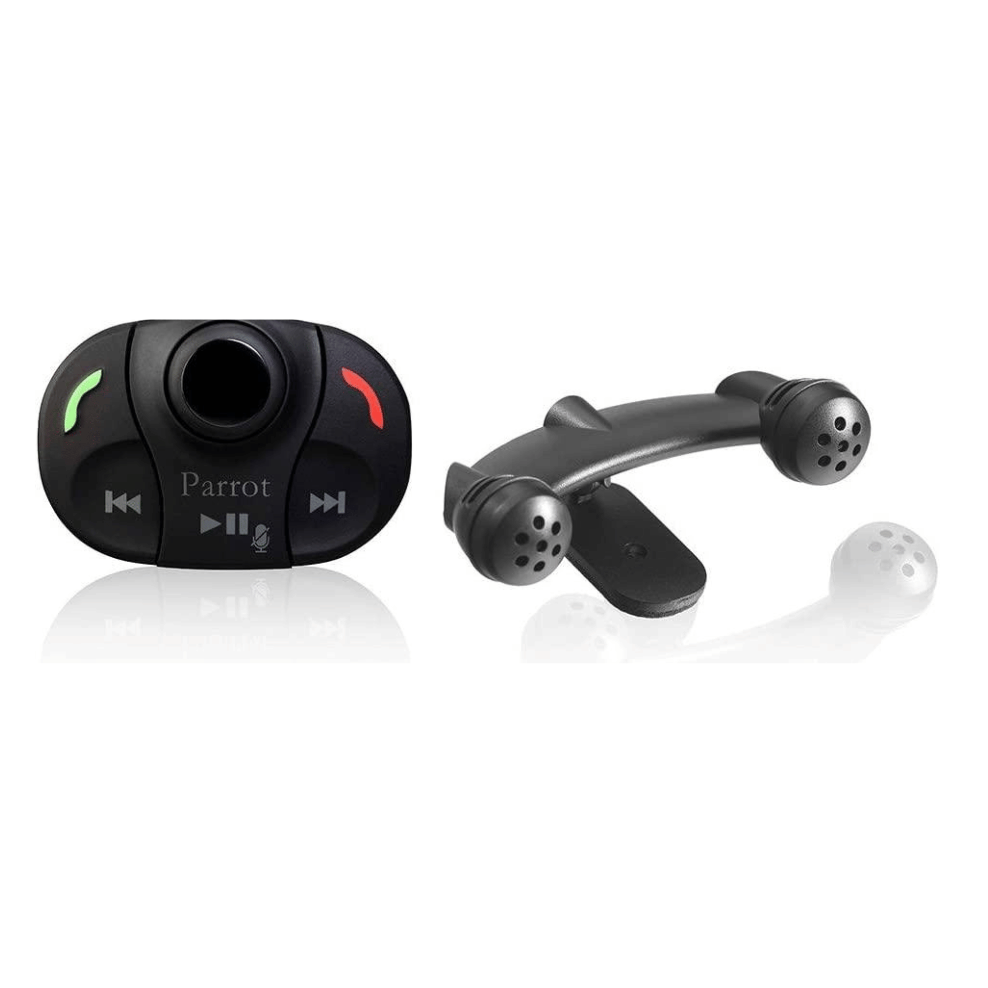 Oval black Parrot control pad with answer, end, skip and play keys, a twin-capsule clip-on mic and a spare mic cap