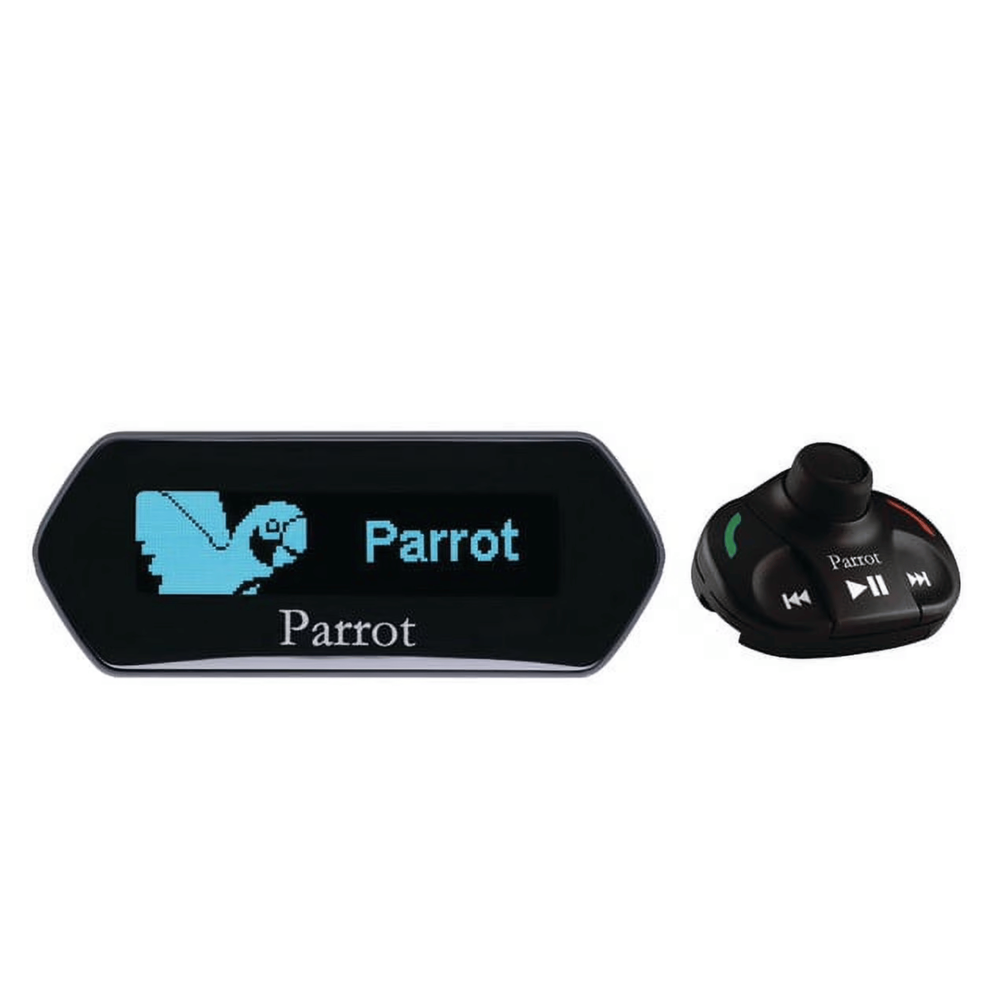 Wide black Parrot display module showing a blue pixel parrot logo and wordmark, next to a domed five-key remote