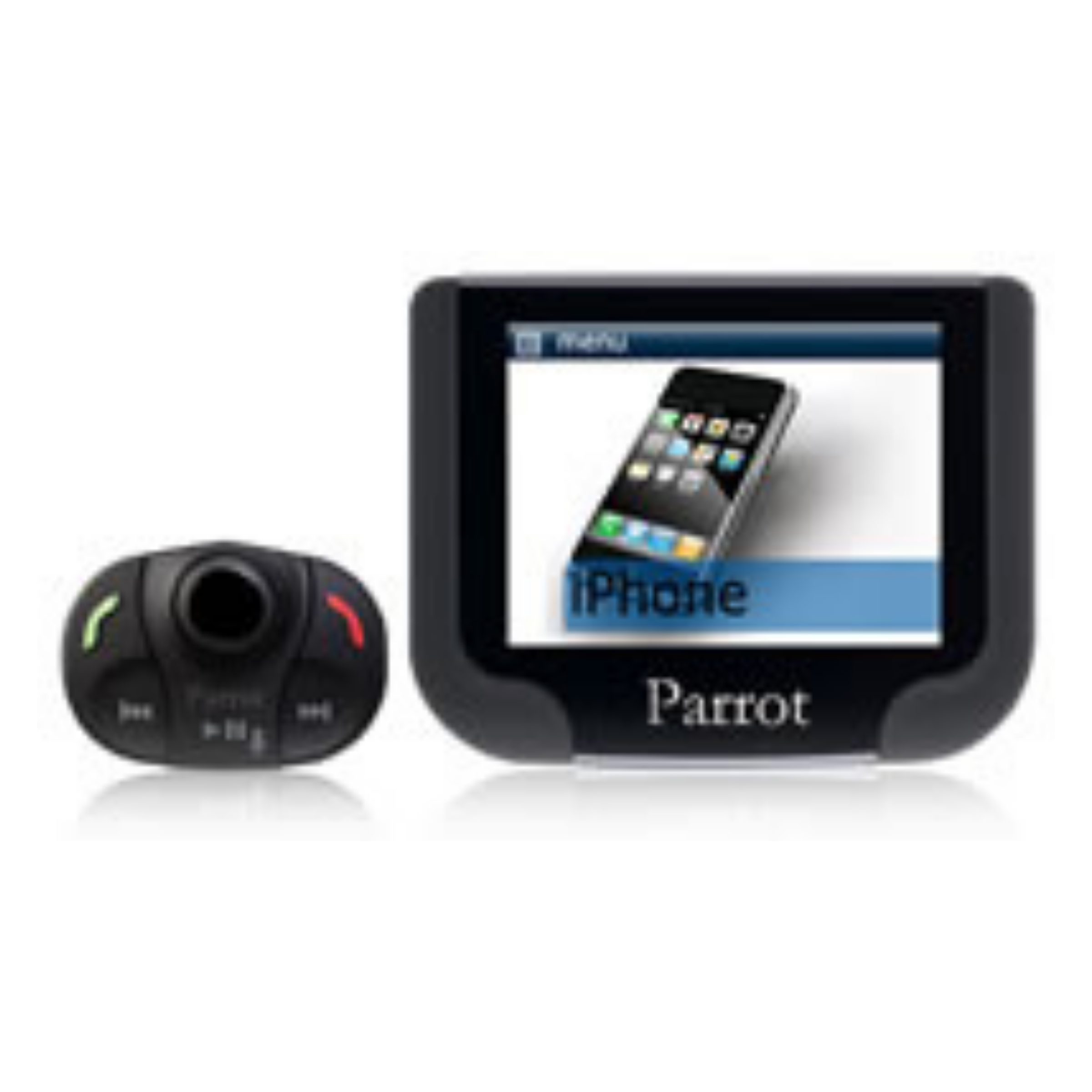 Parrot colour-screen car kit displaying an iPhone on a Menu page, paired with an oval five-key steering-wheel remote