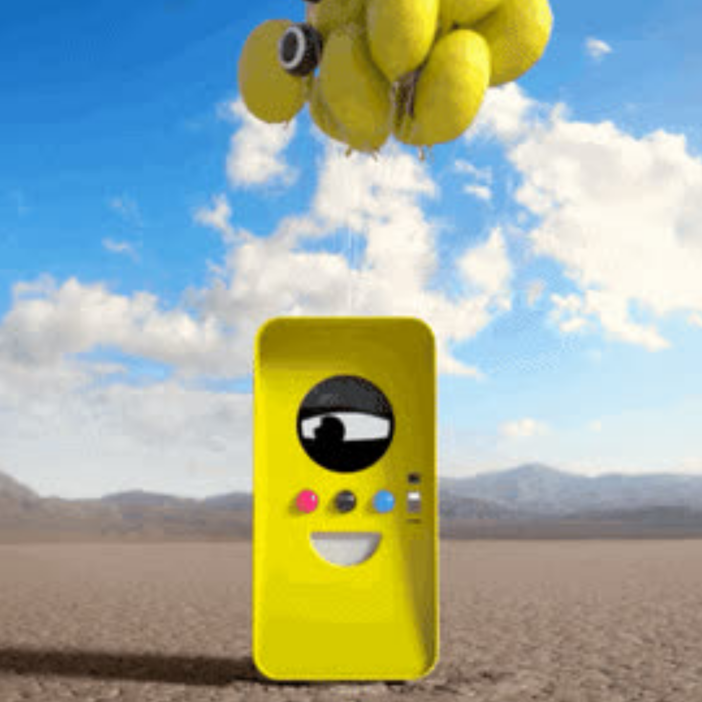Yellow Snapbot vending machine with a cartoon eye and smile, standing on a desert flat under a cluster of yellow balloons