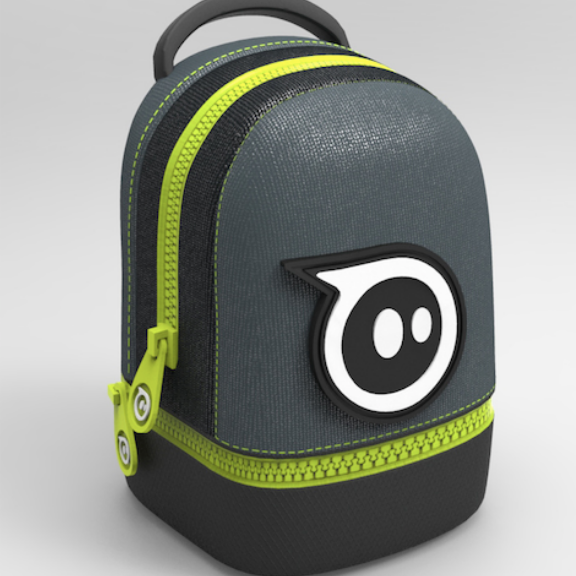 Grey zippered Sphero carrying case with neon yellow zipper and raised Sphero logo badge