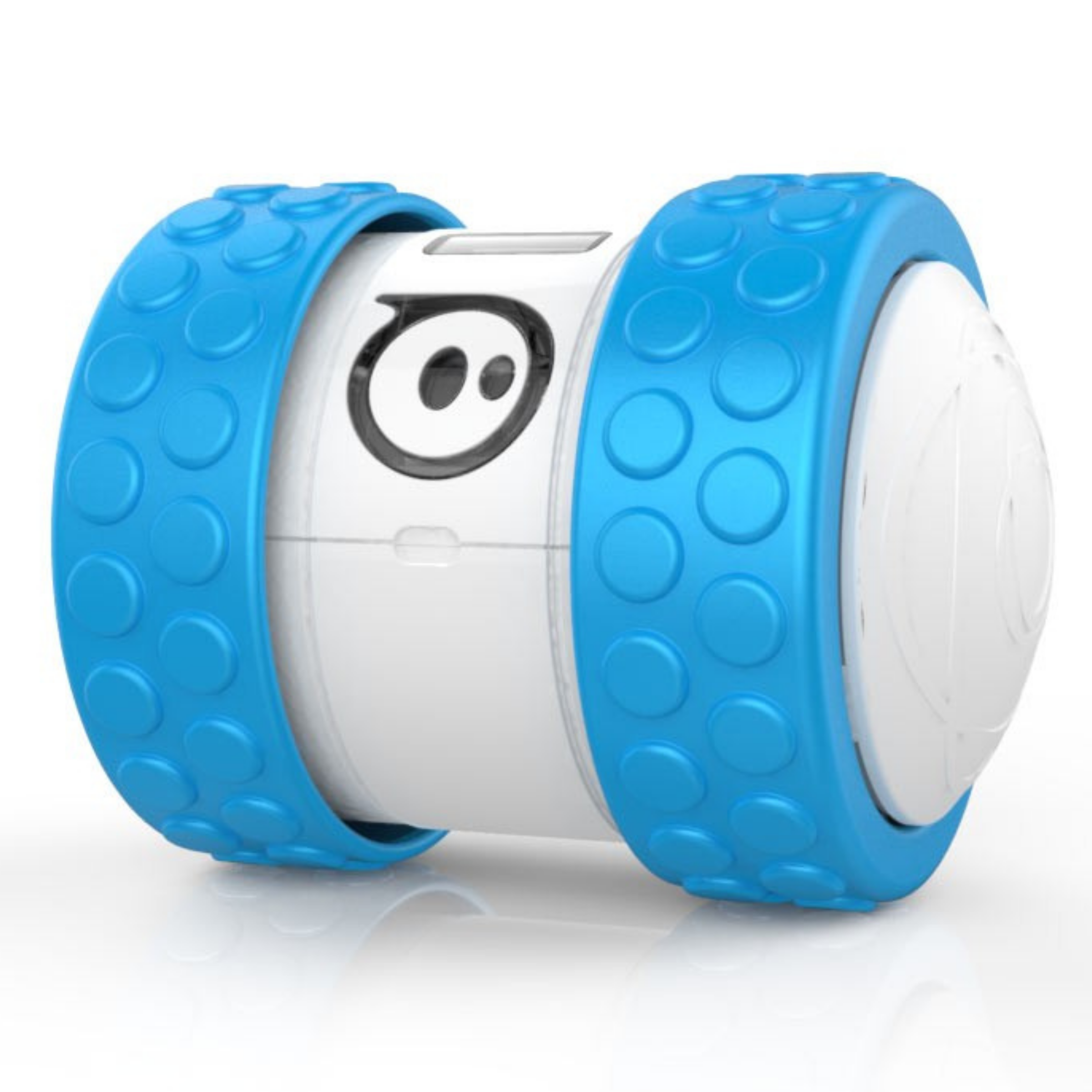 Sphero Ollie cylindrical robot, white body between two blue knobby tires, with the two-eye Sphero mark on its side