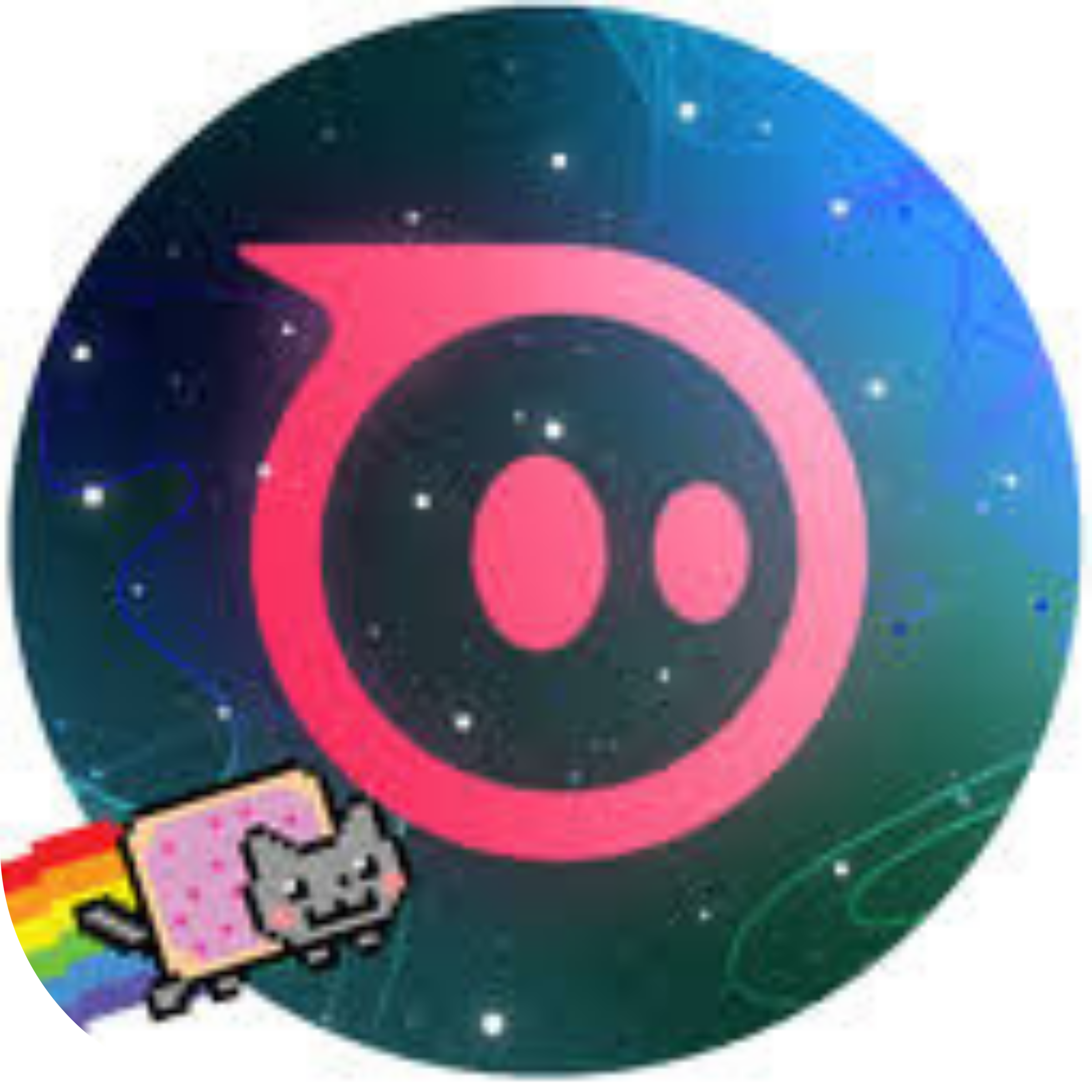 Rounded app icon: pink Sphero logo over a teal starfield, with a pixel-art rainbow cat flying in at lower left