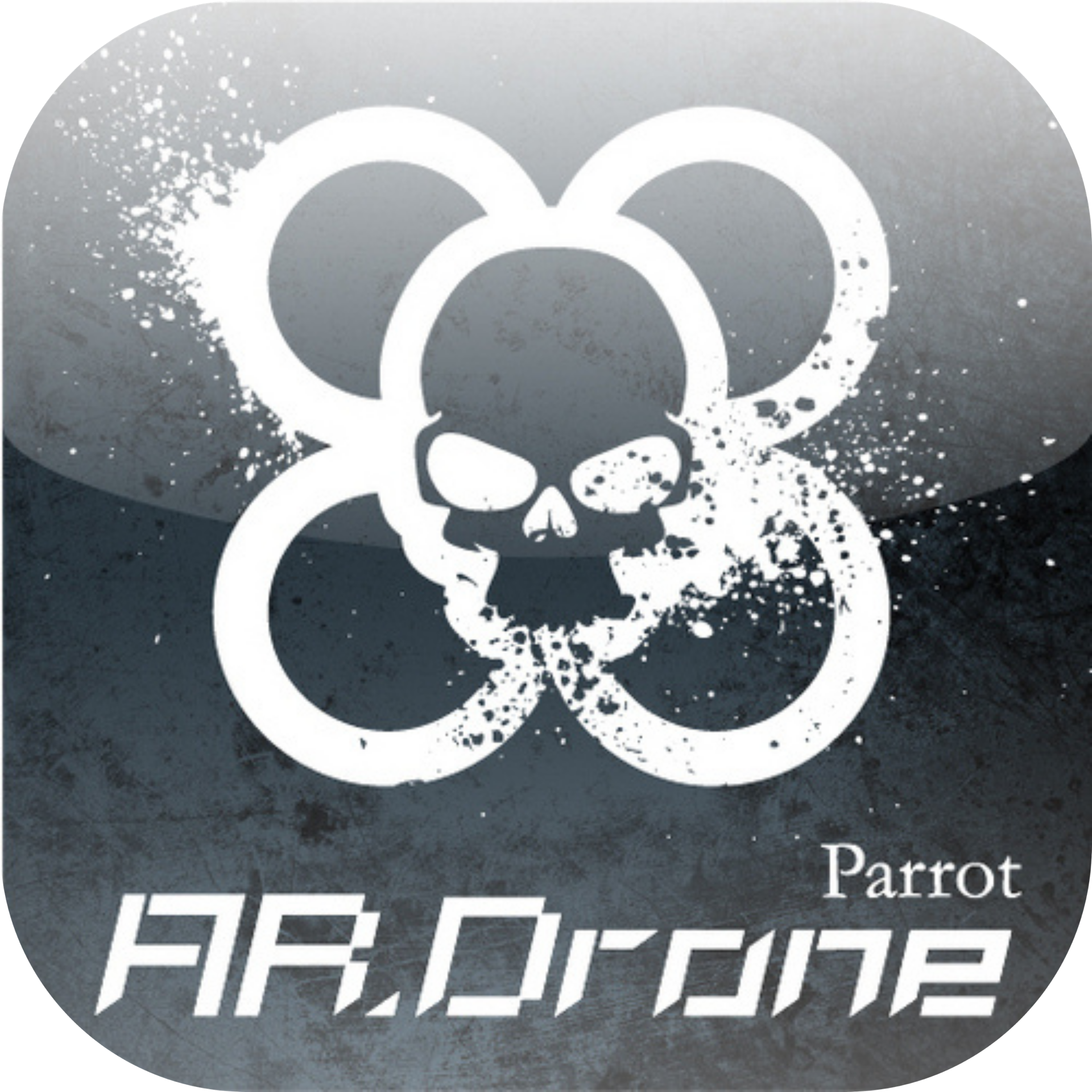 App icon with a white four-rotor skull mark on scratched gray metal, wordmark reading Parrot AR.Drone