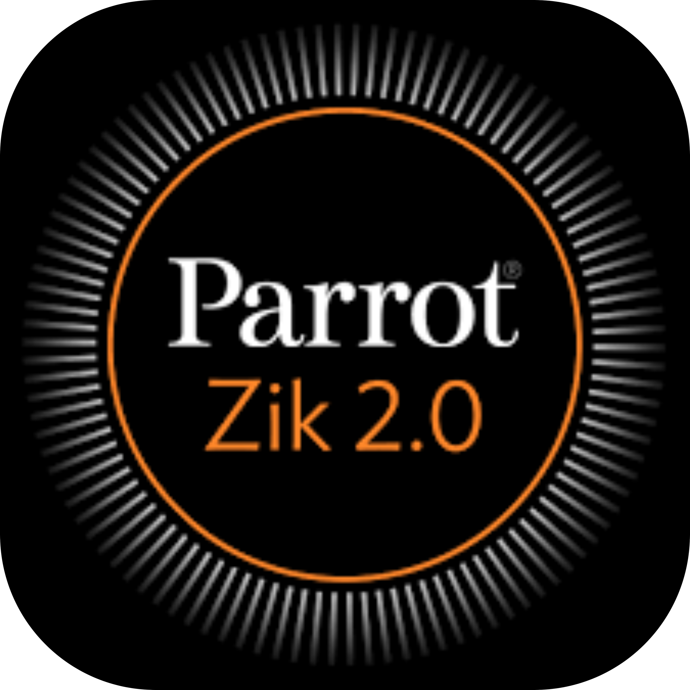 Black app icon with a thin orange ring inside a corona of white radiating tick marks, around the words Parrot Zik 2.0
