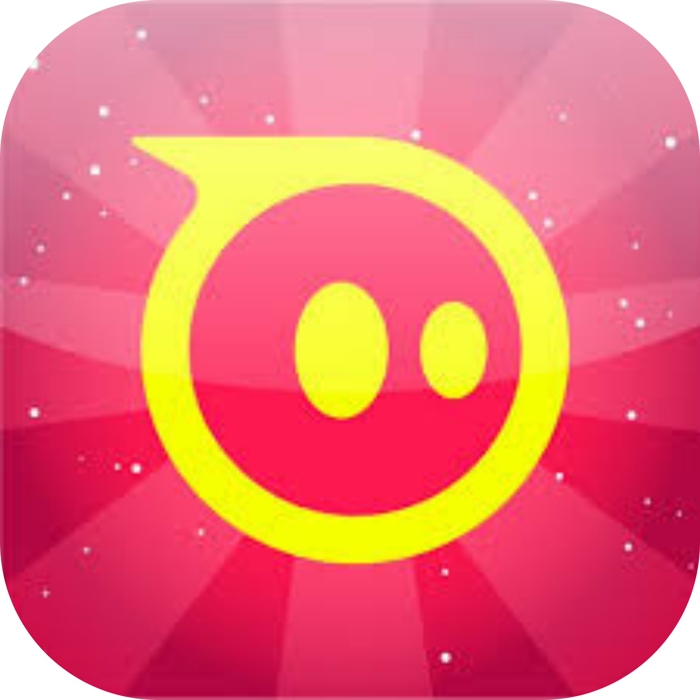 Rounded-square app icon with a yellow Sphero robot face on a pink and red starburst background