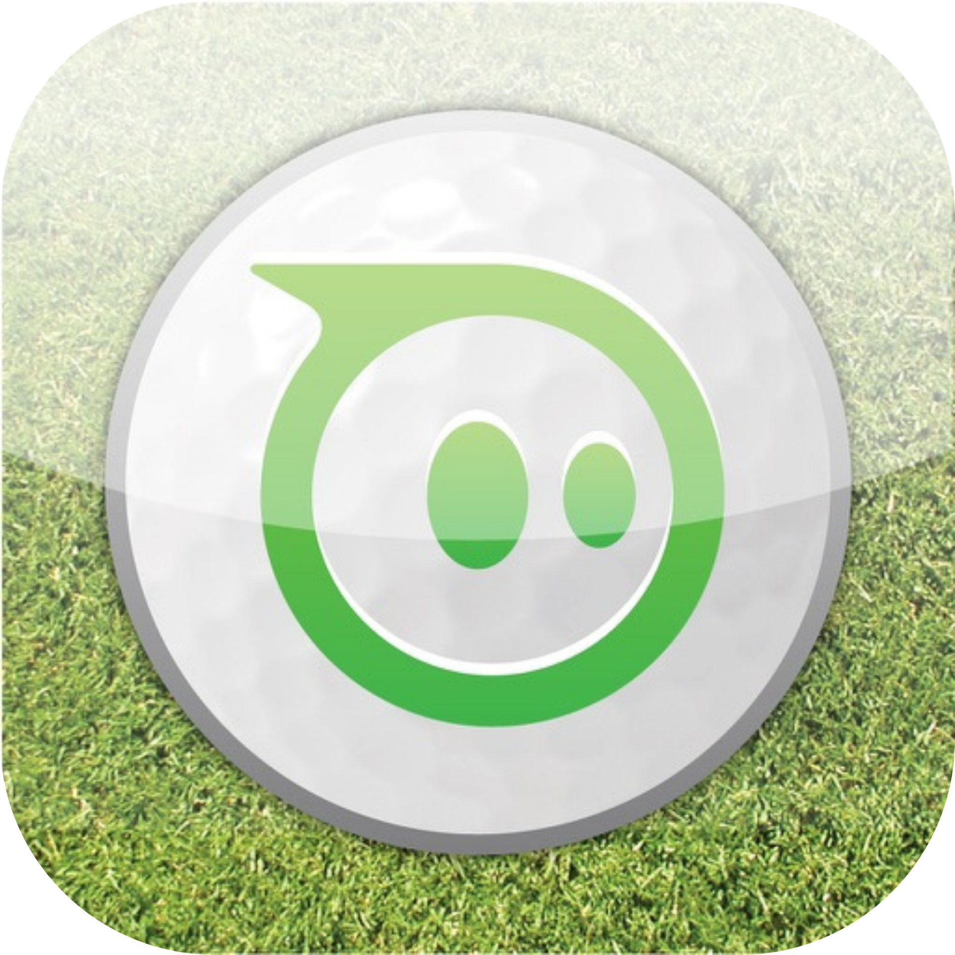 App icon of a dimpled golf ball with a green Sphero logo mark, set on a grass background