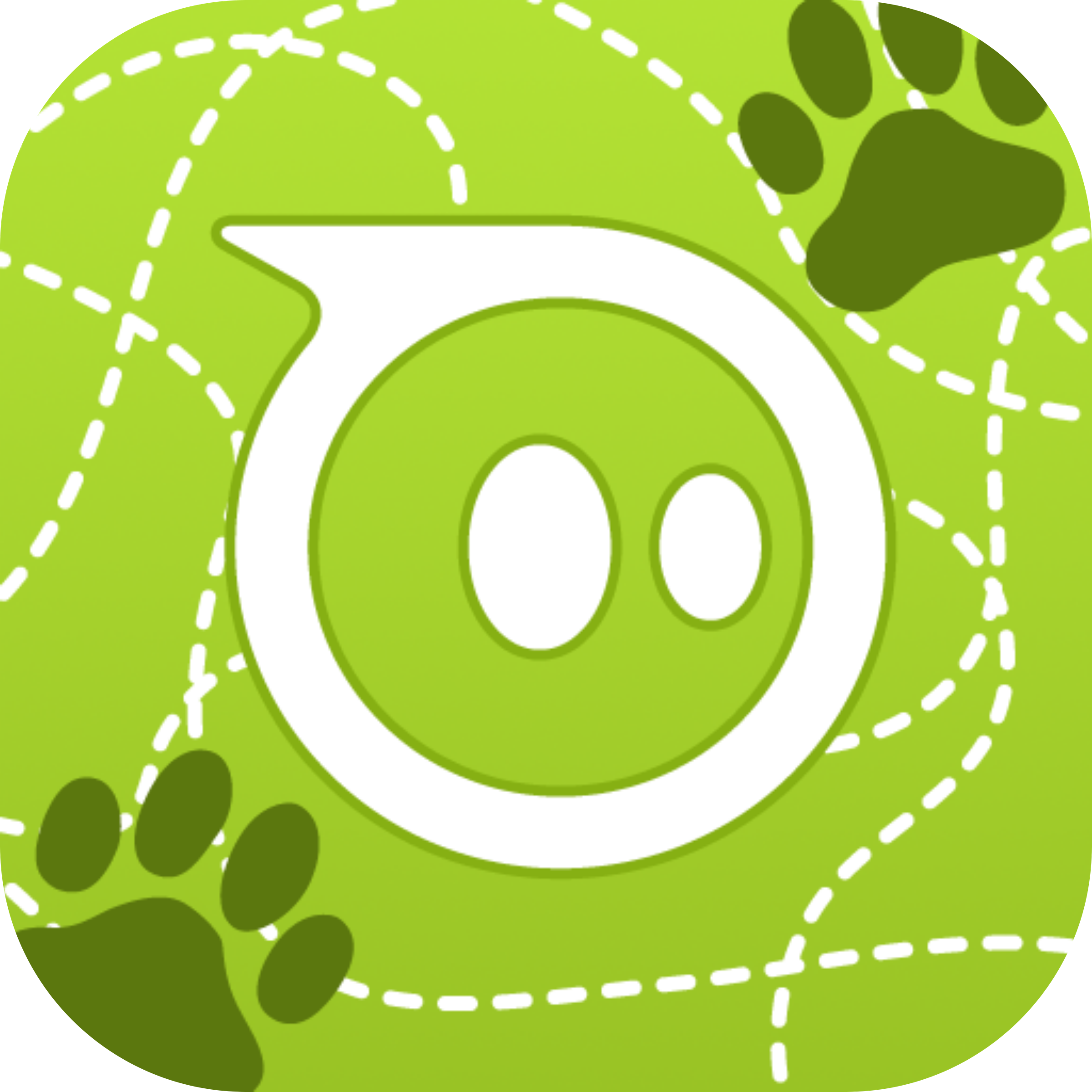 Green app icon with a white Sphero logo, dark green paw prints in two corners and dashed white trail lines