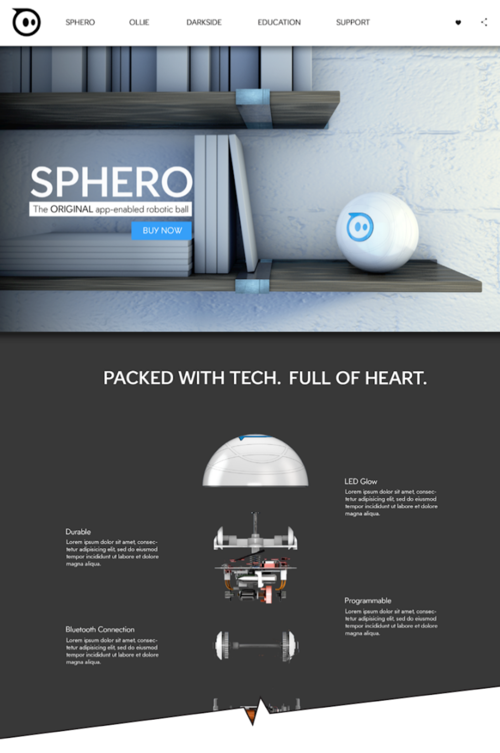 Sphero website design comp with shelf hero image, Buy Now button and exploded-view feature section