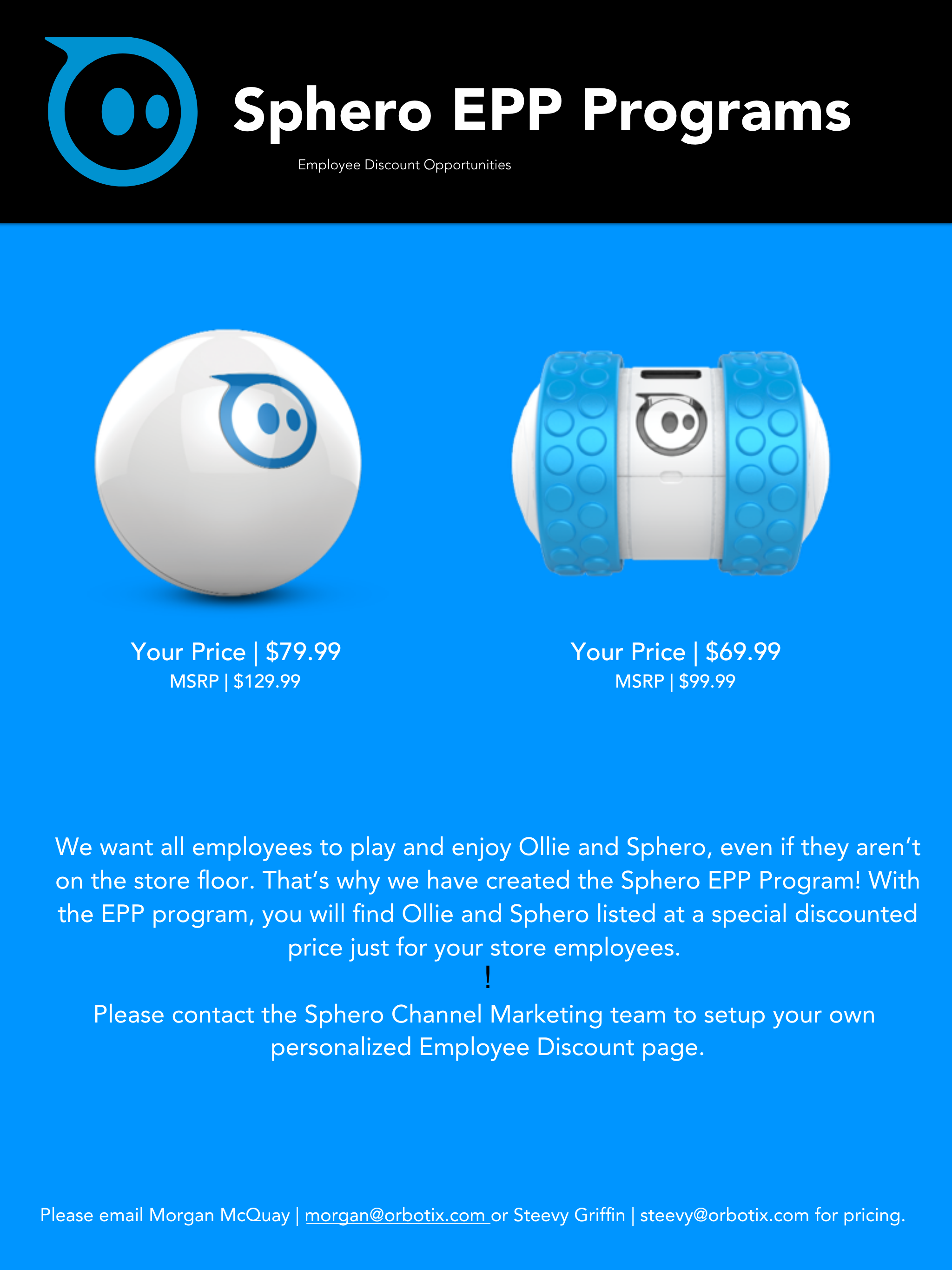 Blue Sphero EPP Programs flyer showing the white Sphero ball and blue Ollie robot with employee and MSRP pricing