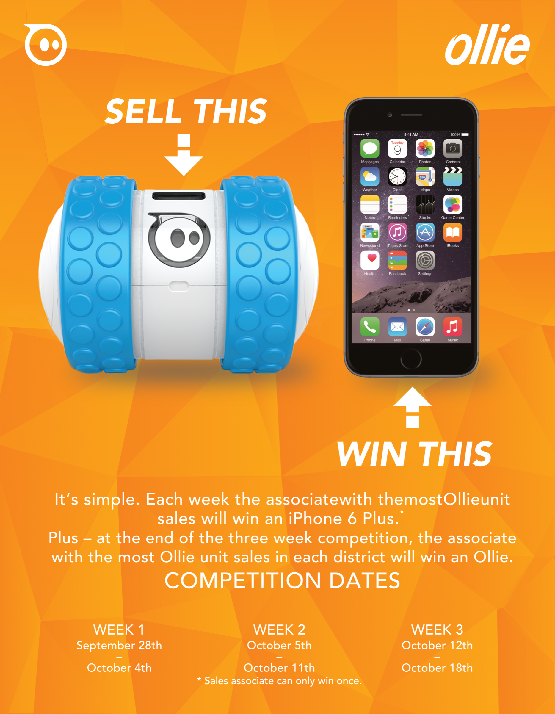Orange Ollie sales-associate contest poster: "Sell This, Win This" with iPhone 6 Plus prize and competition dates