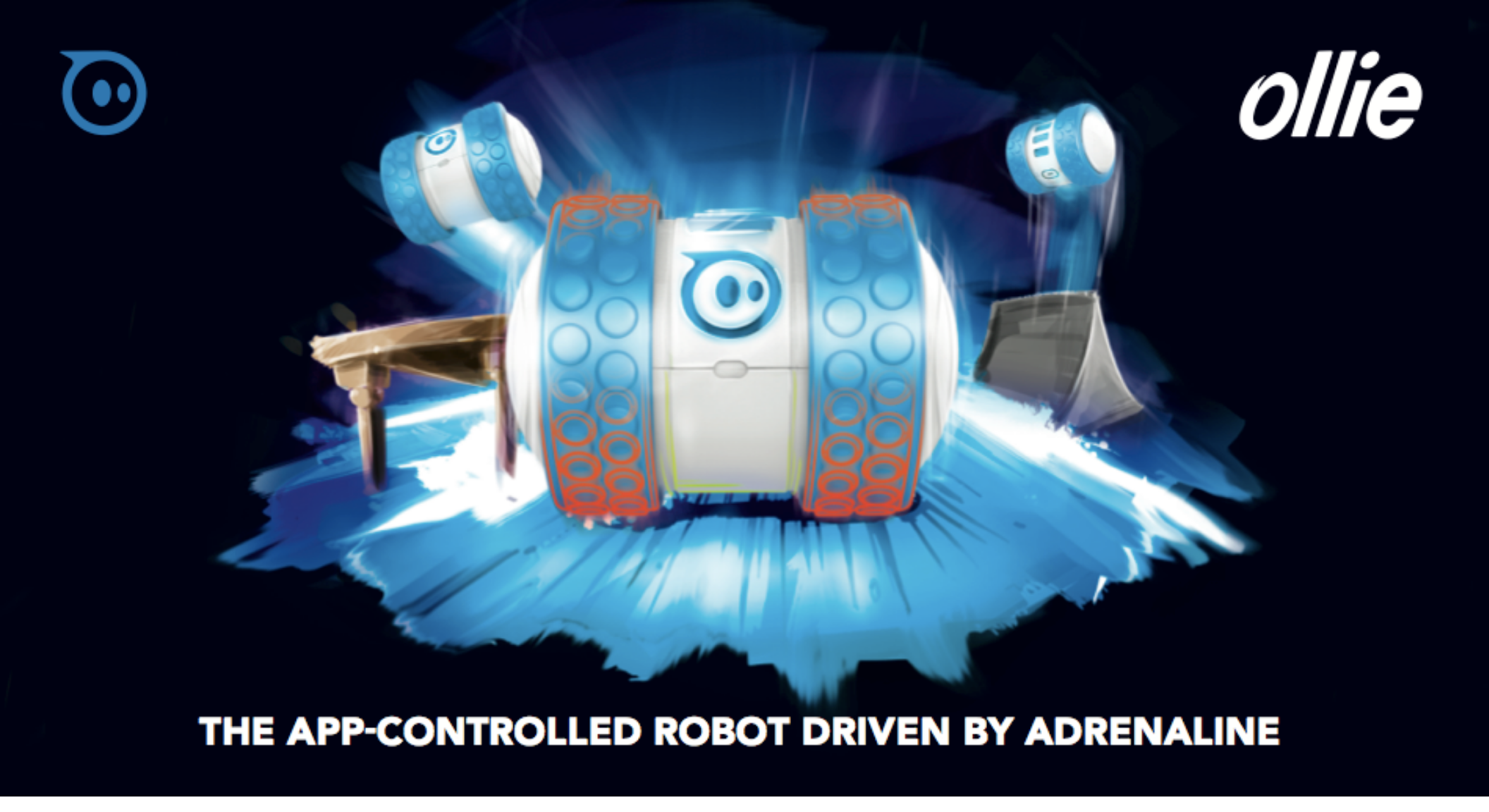 Sphero Ollie cylindrical robot with blue tires bursting through a splash of blue light on black, ollie wordmark