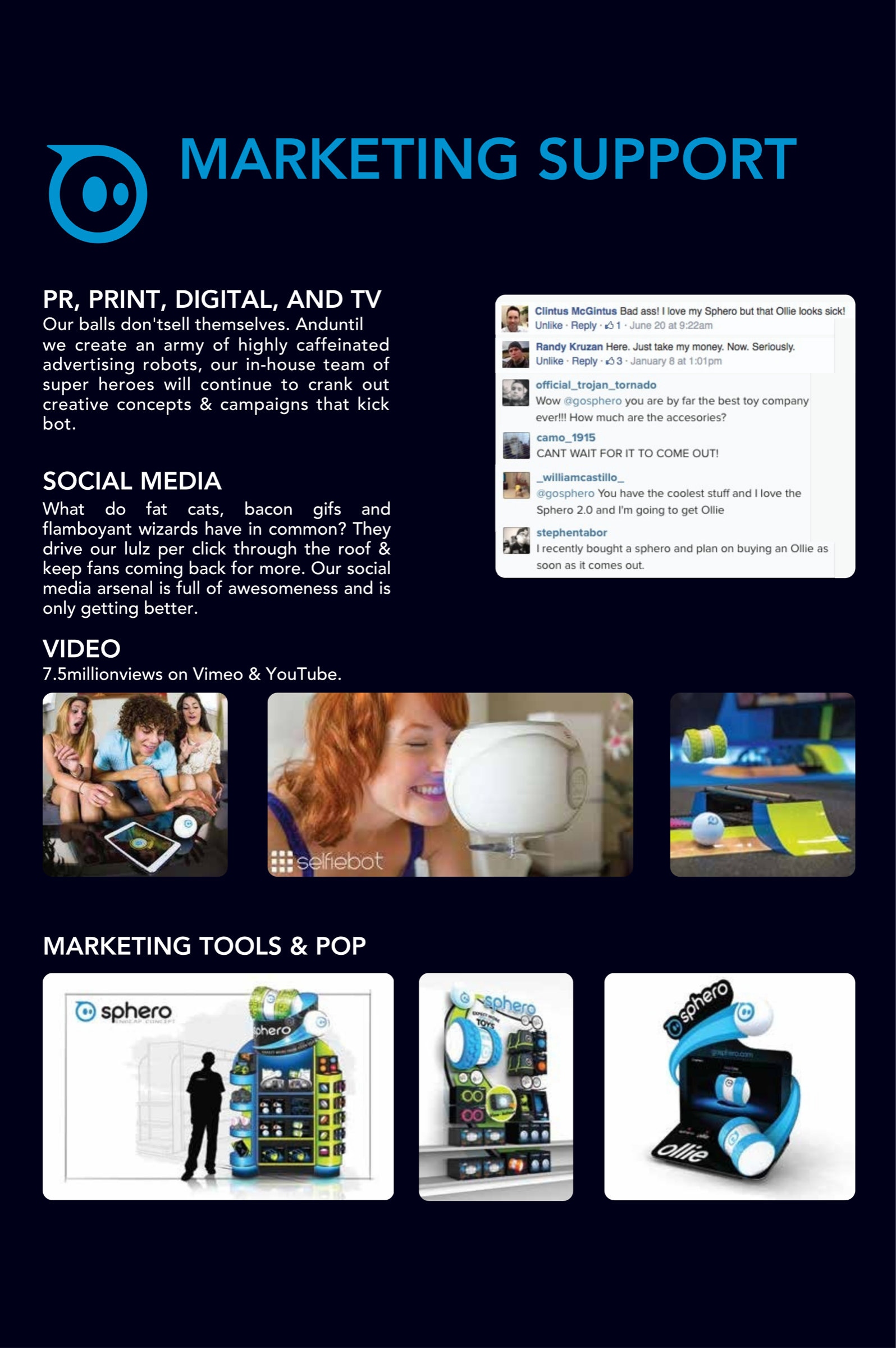 Sphero "Marketing Support" retailer page covering PR, social media, video and point-of-purchase displays