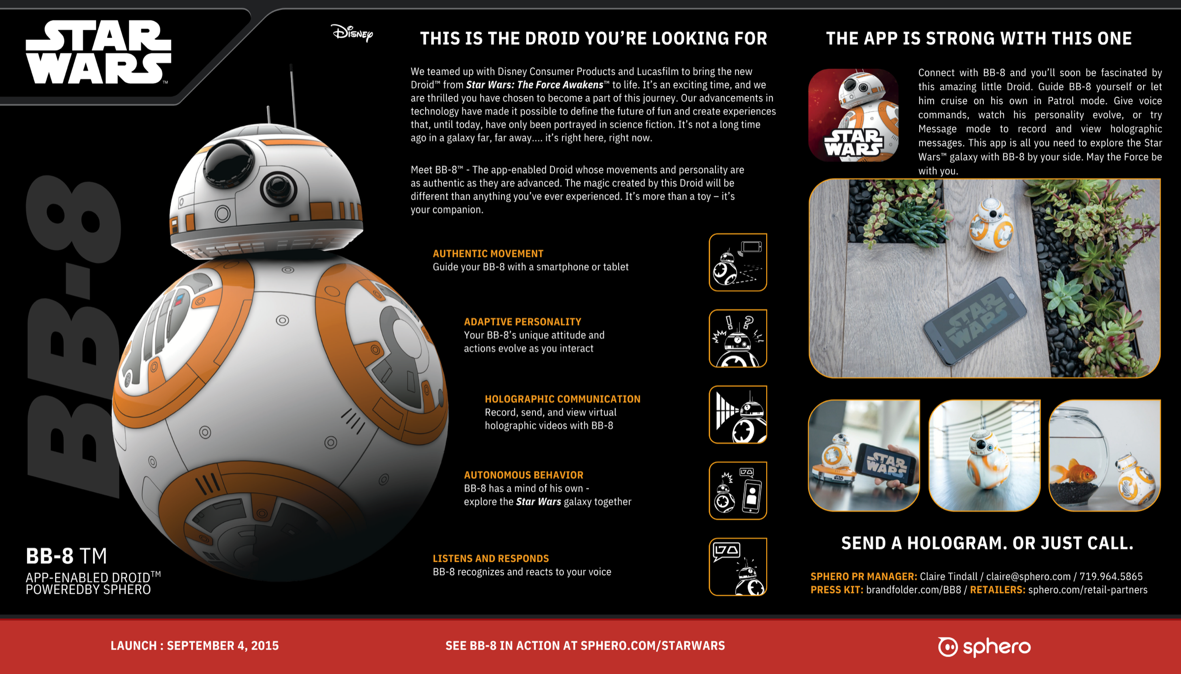 Sphero BB-8 Star Wars retail sell sheet with droid render, feature callouts and launch date