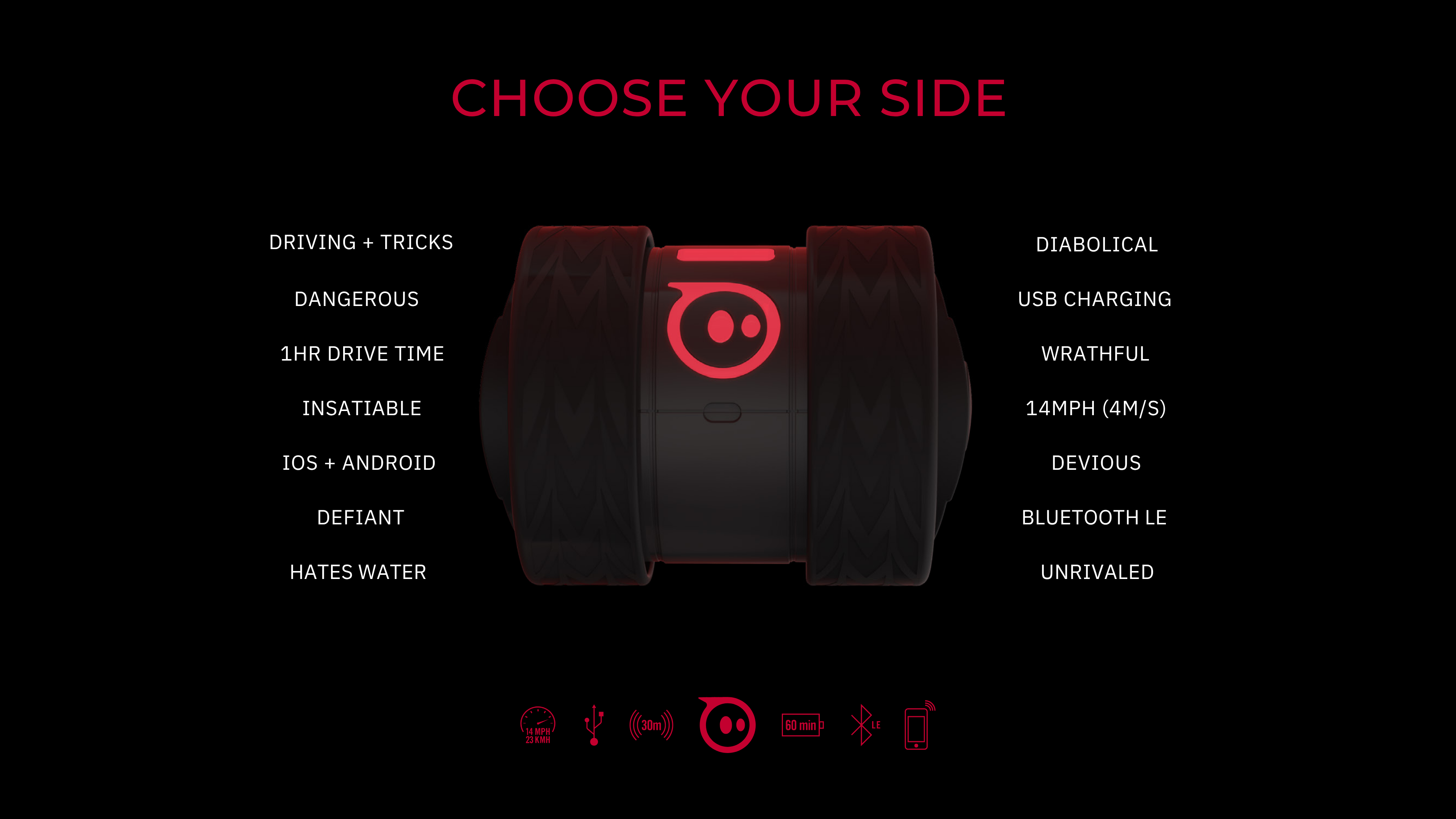 Black spec board titled Choose Your Side with a dark red Ollie robot flanked by two columns of specs and icons