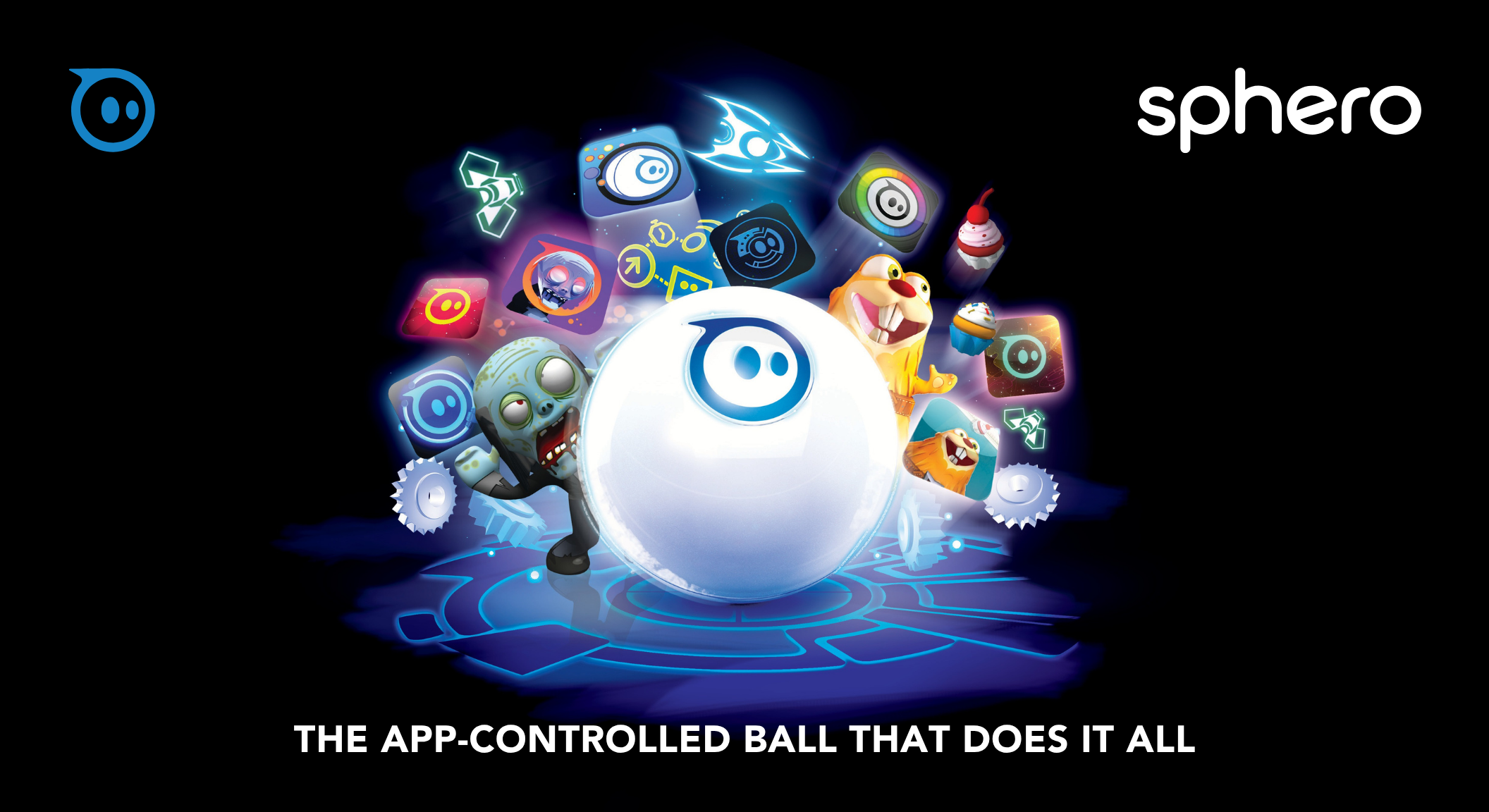Glowing white Sphero ball on a dark blue circuit floor, ringed by floating game app icons and game characters