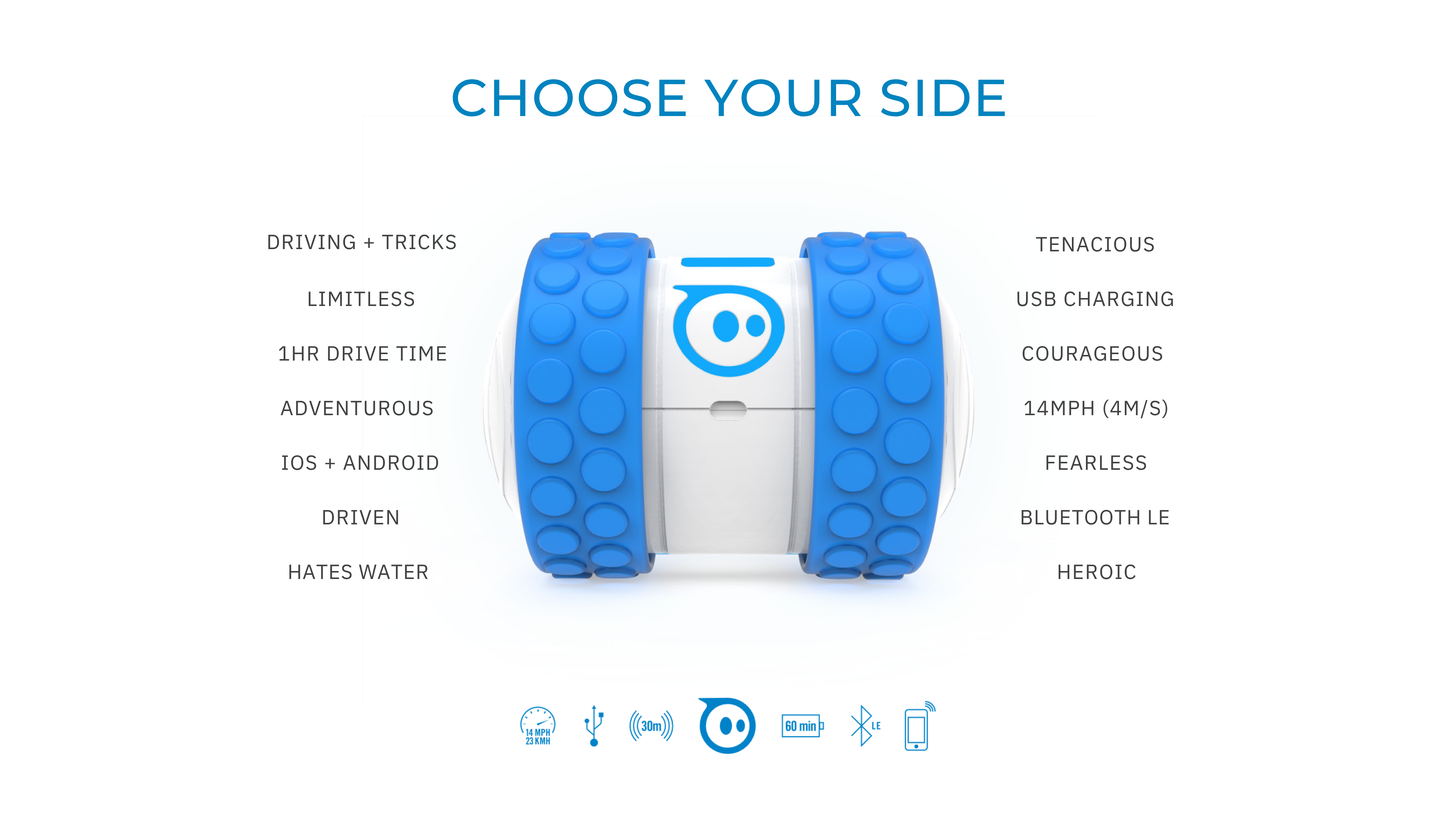CHOOSE YOUR SIDE spec sheet for Sphero Ollie: blue-tired robot flanked by feature and personality words, icon strip below