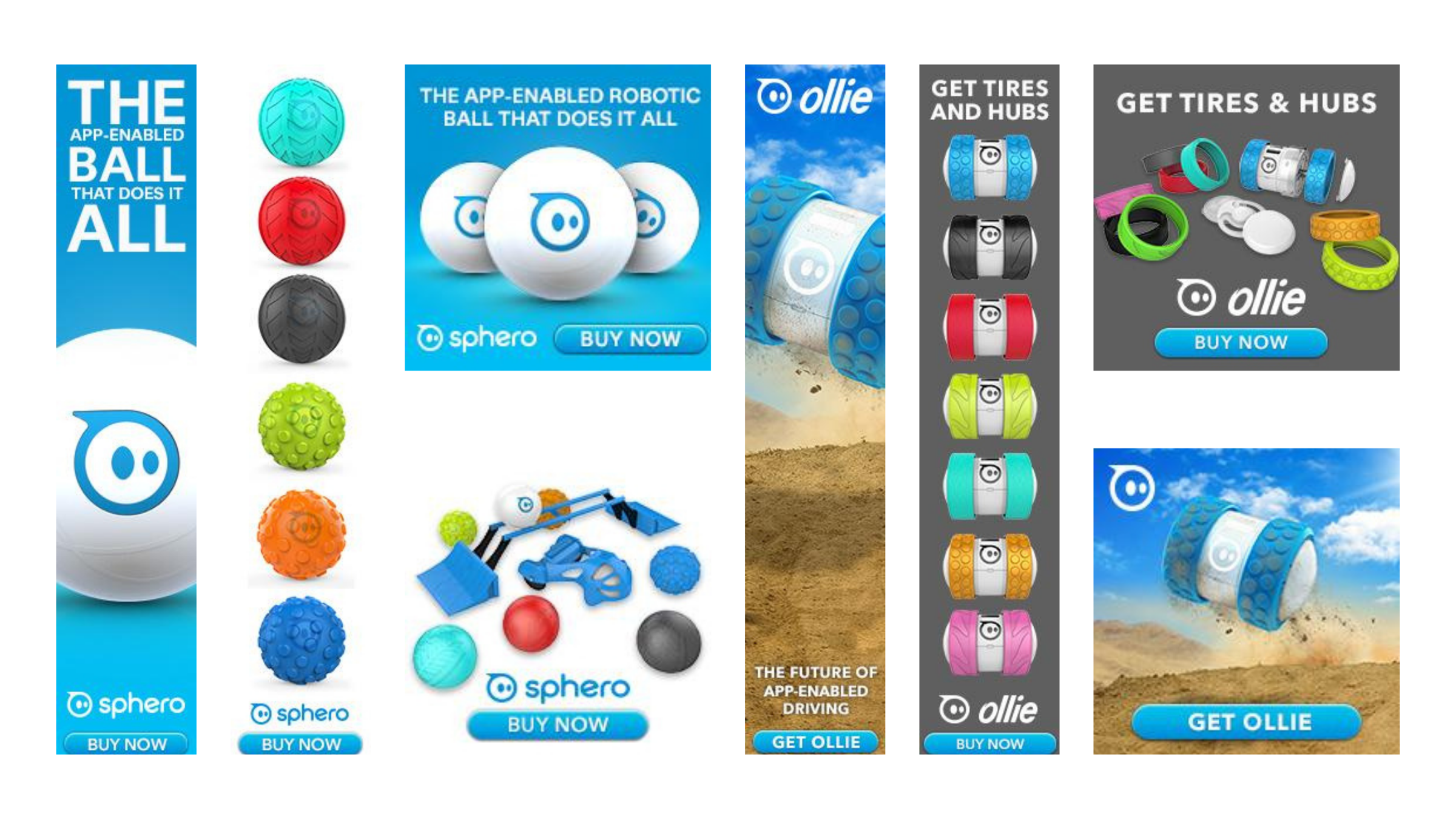 Layout sheet of Sphero and Ollie web banner ads in skyscraper, square and vertical sizes with Buy Now buttons