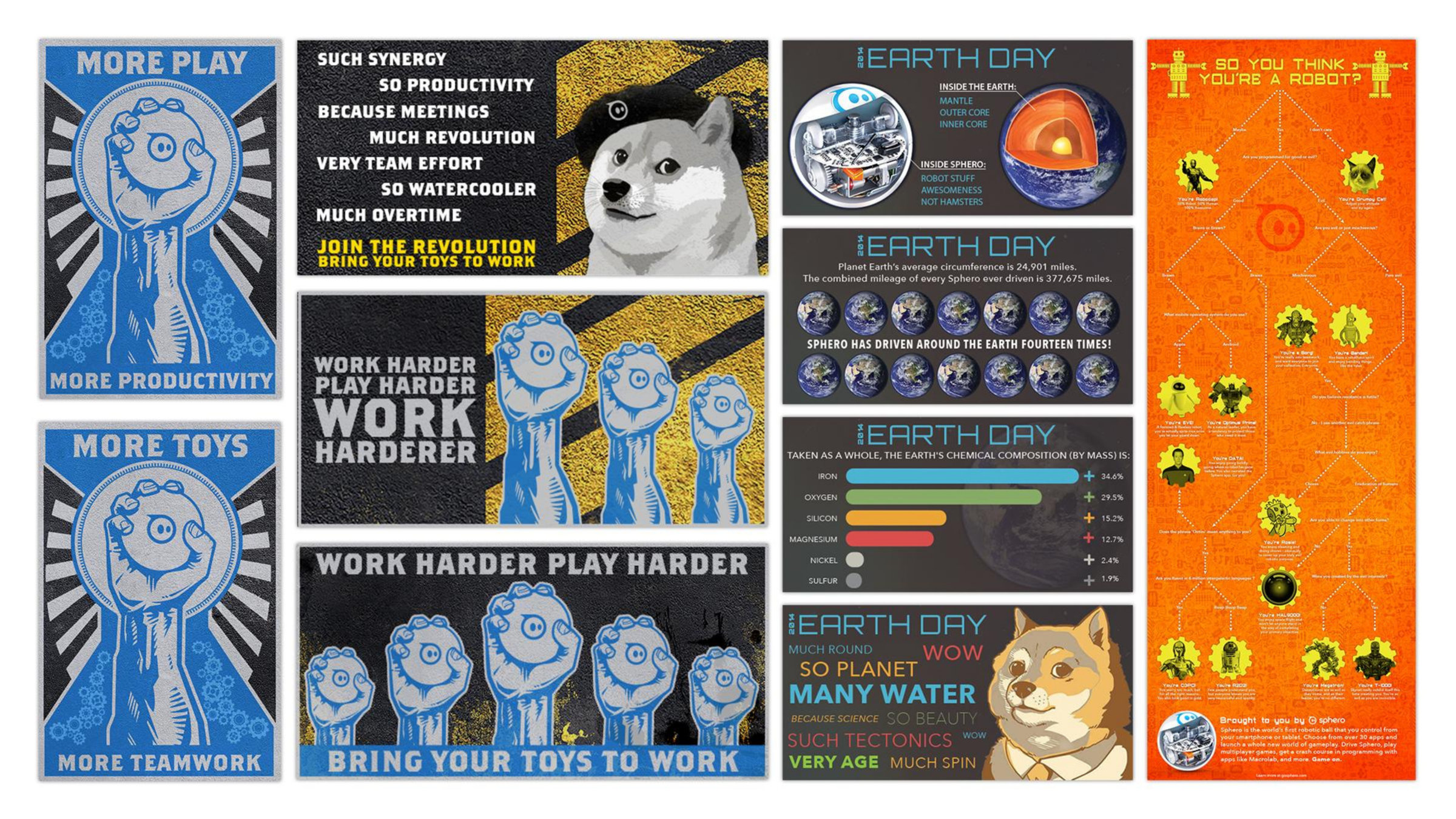 Sphero social campaign board: propaganda-style posters, Doge meme banners, Earth Day infographics and a robot flowchart
