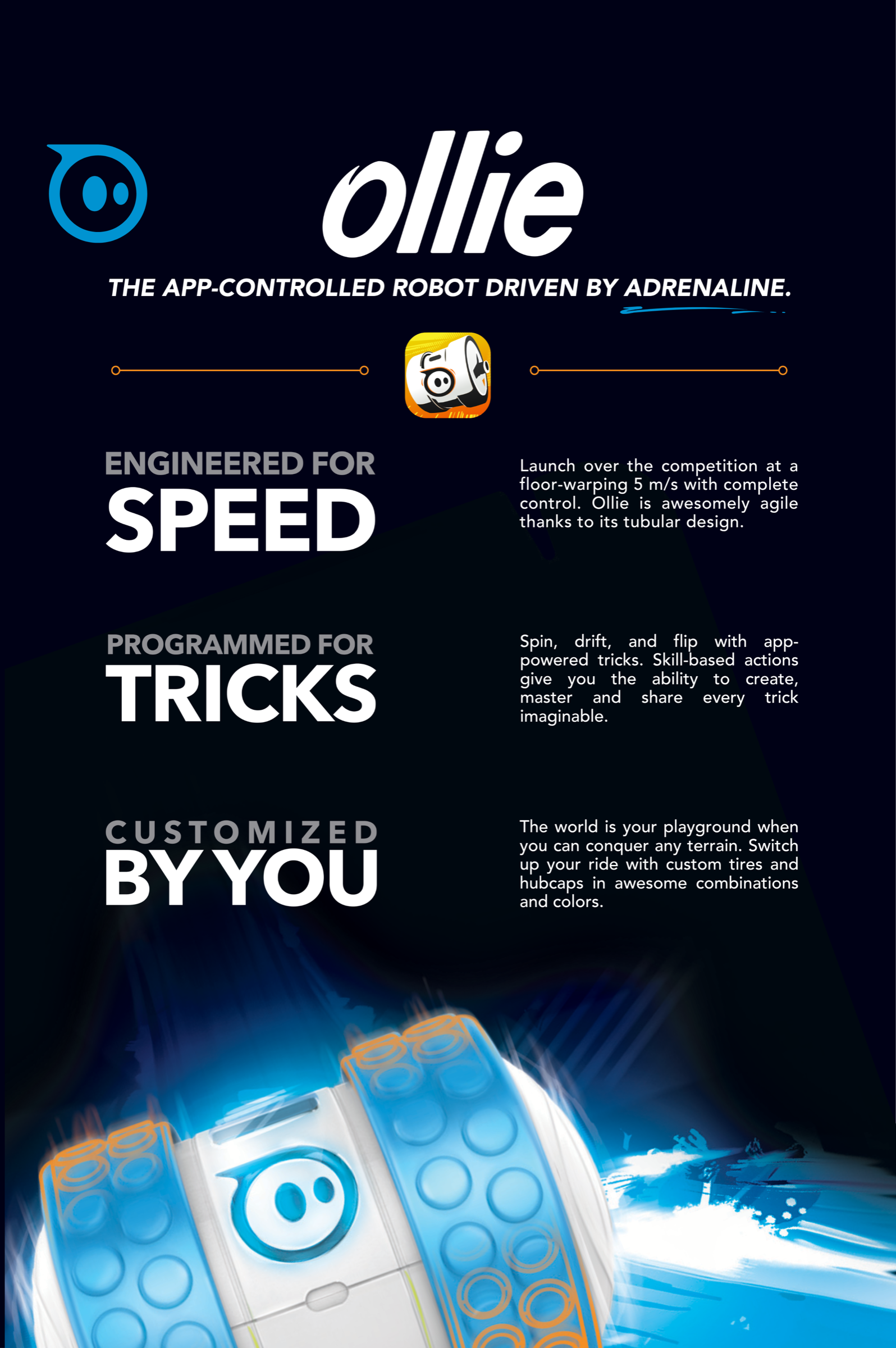 Dark blue Sphero Ollie retail poster listing Speed, Tricks and Customized benefits above the white and blue tube robot
