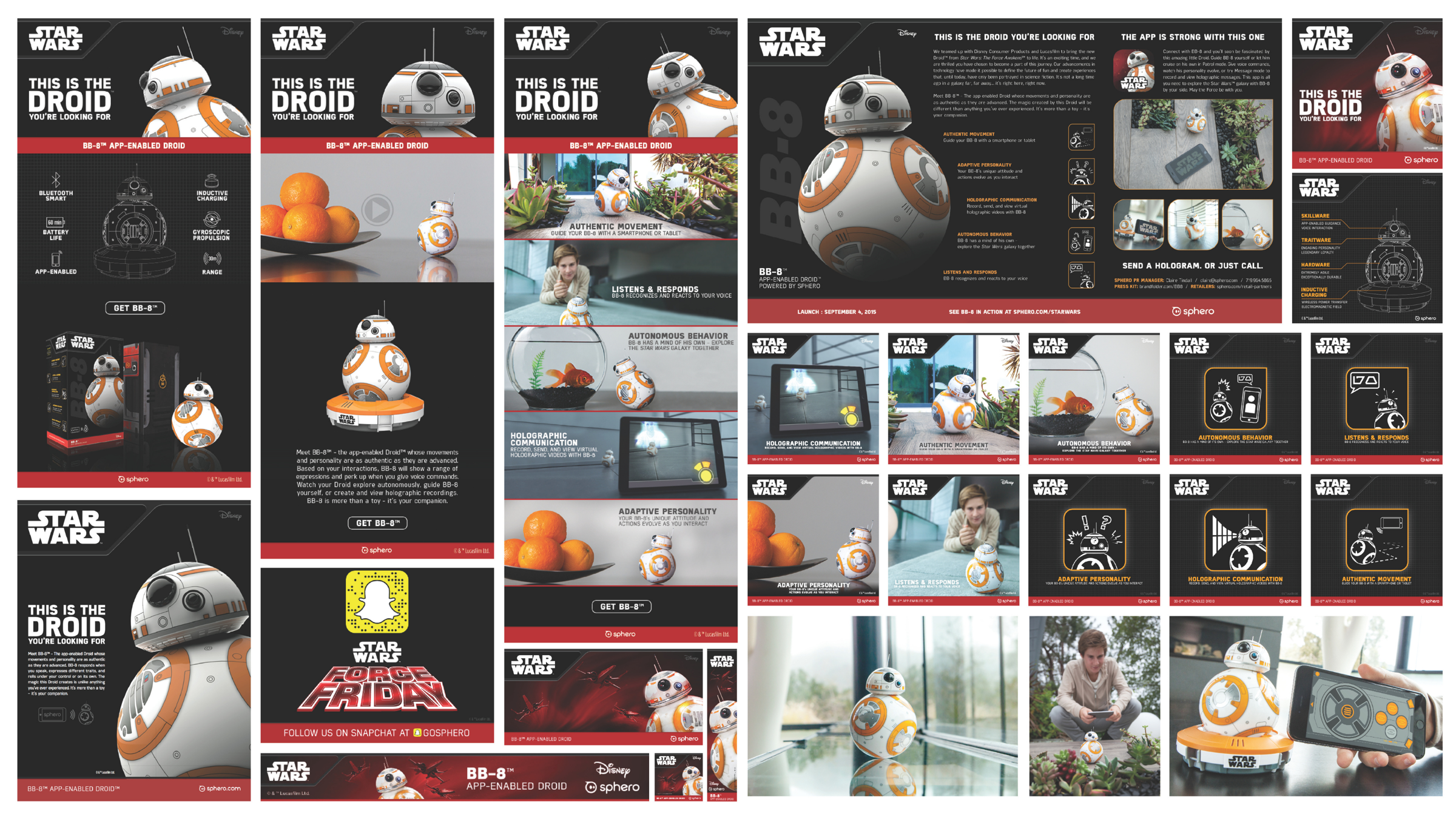 Star Wars BB-8 app-enabled droid campaign board of retail ads, feature tiles and press release