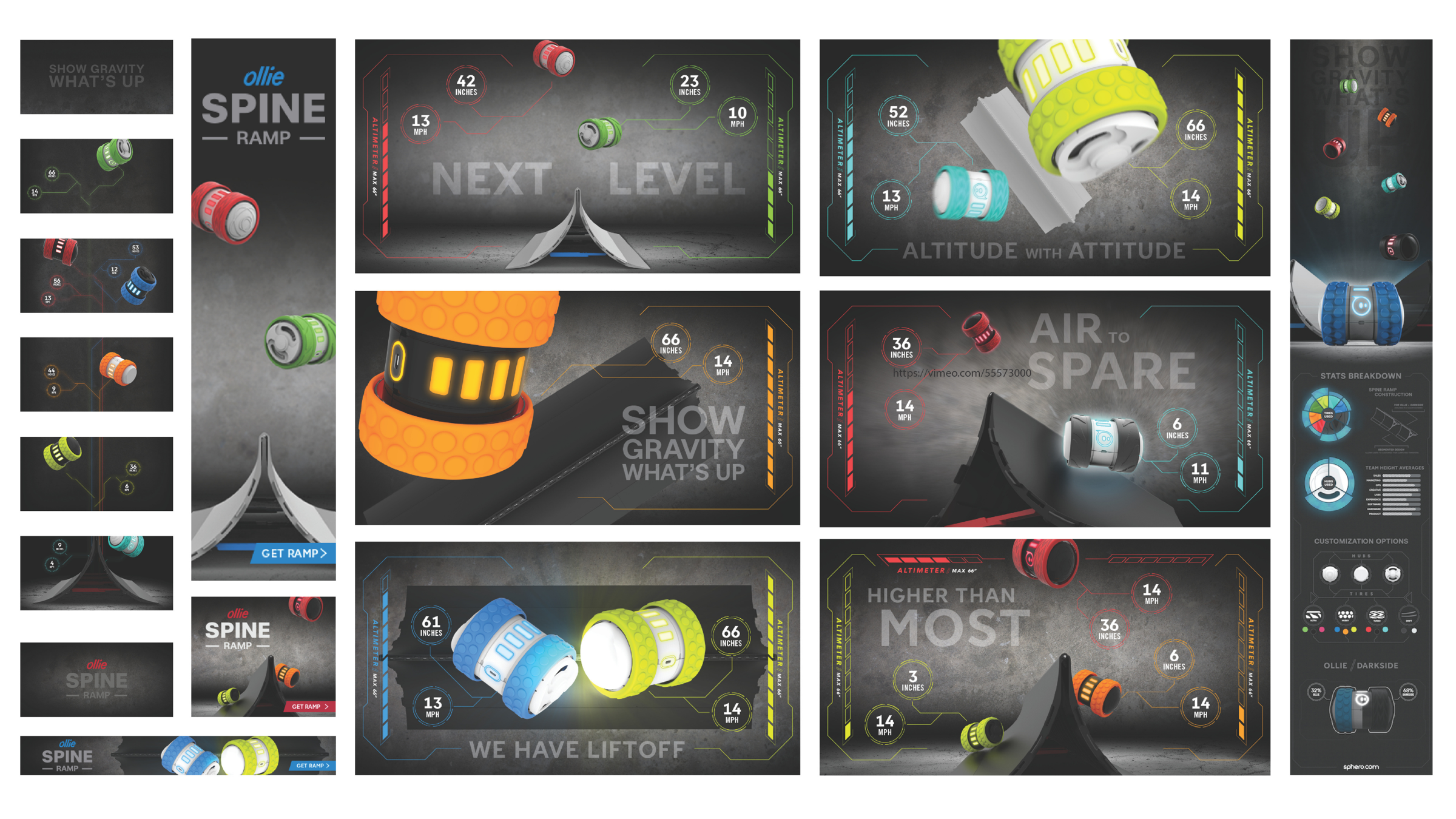 Ollie Spine Ramp campaign board of dark HUD-style banners with jump height and speed readouts