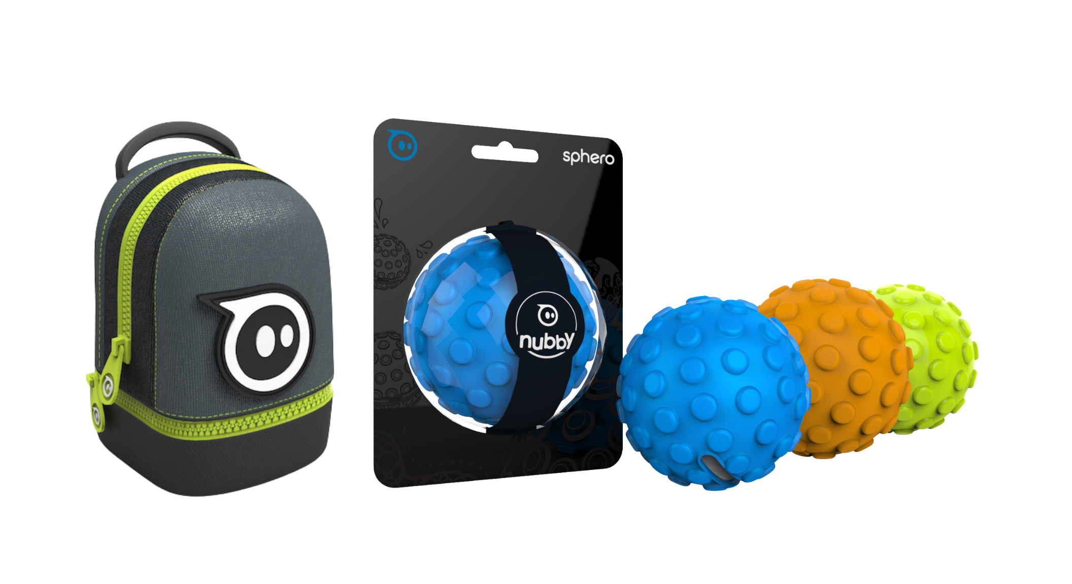 Sphero accessories on white: gray zip carry case, blue Nubby cover in blister pack, and blue, orange, green covers