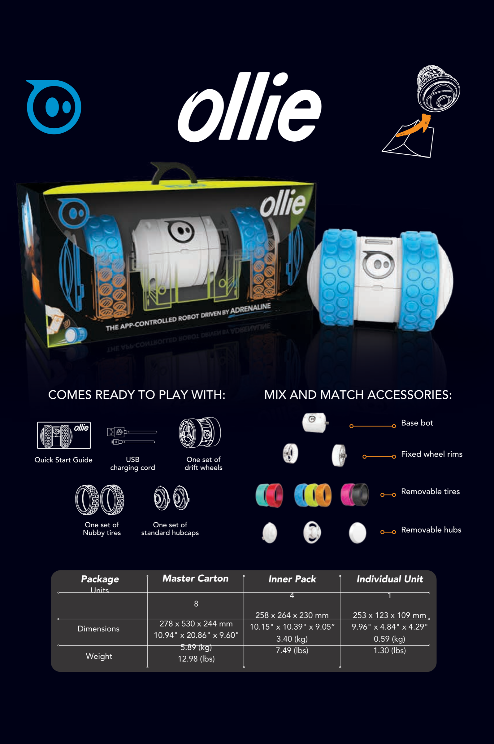Sphero Ollie retail spec sheet with packaging render, in-box contents, accessories and a packaging dimensions table