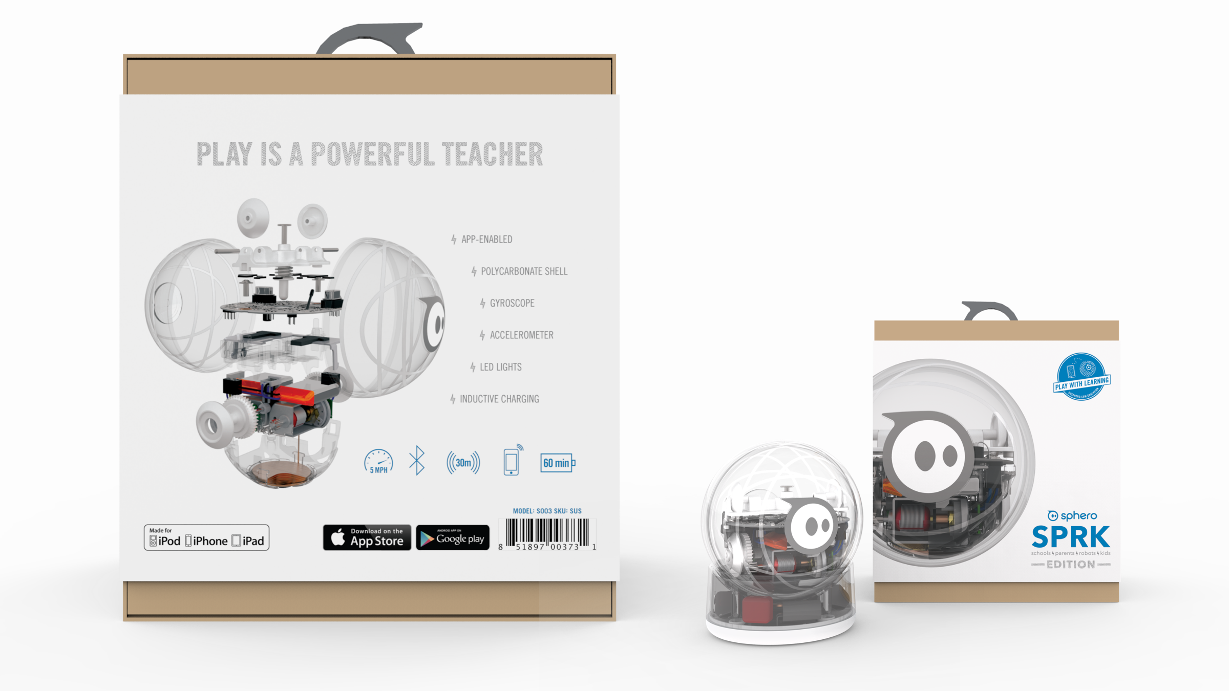 Sphero SPRK Edition retail box front and back with exploded internals diagram and spec icons