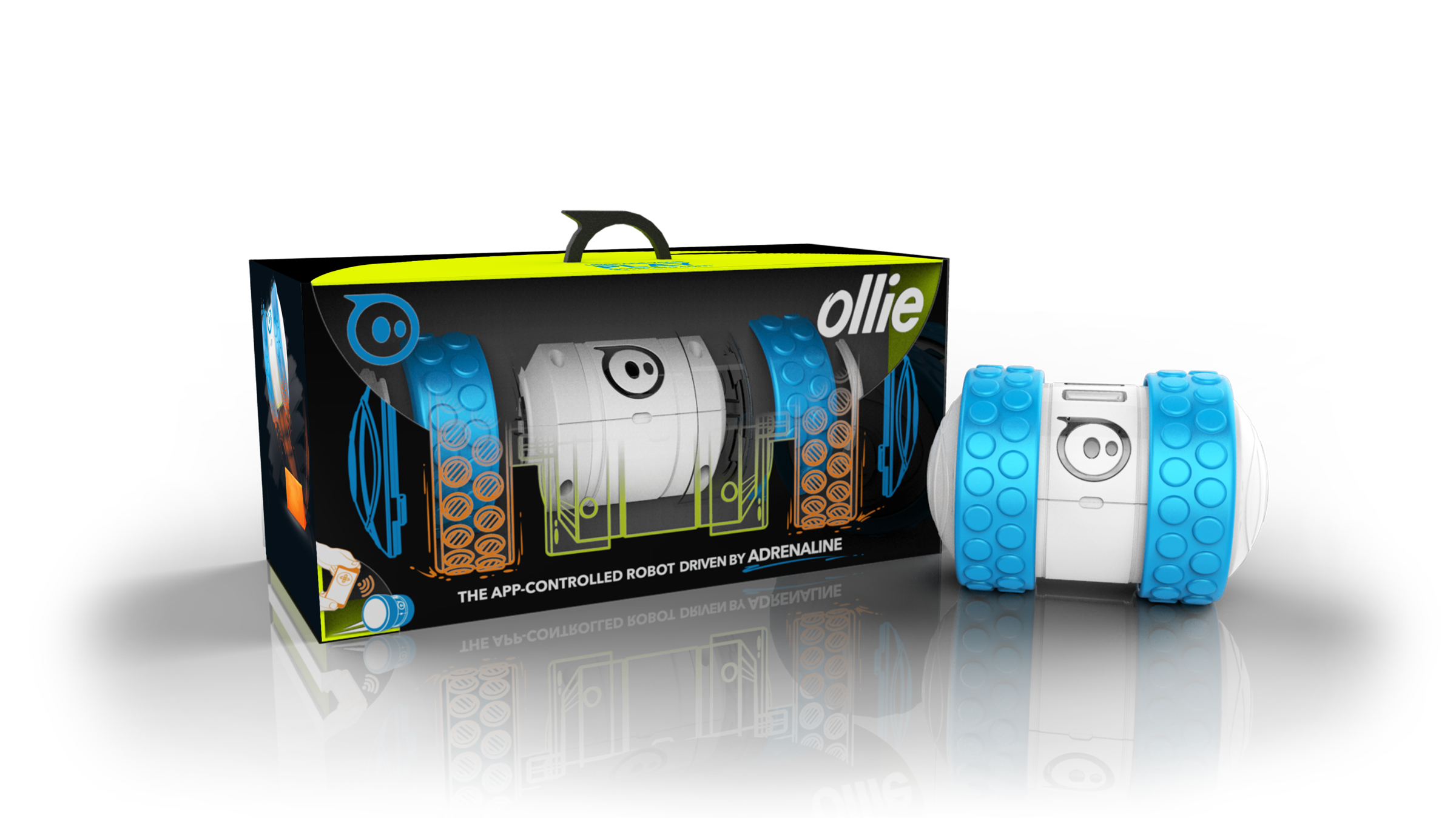 Sphero Ollie retail box with a window showing the robot, next to the assembled white Ollie with blue nubby tires