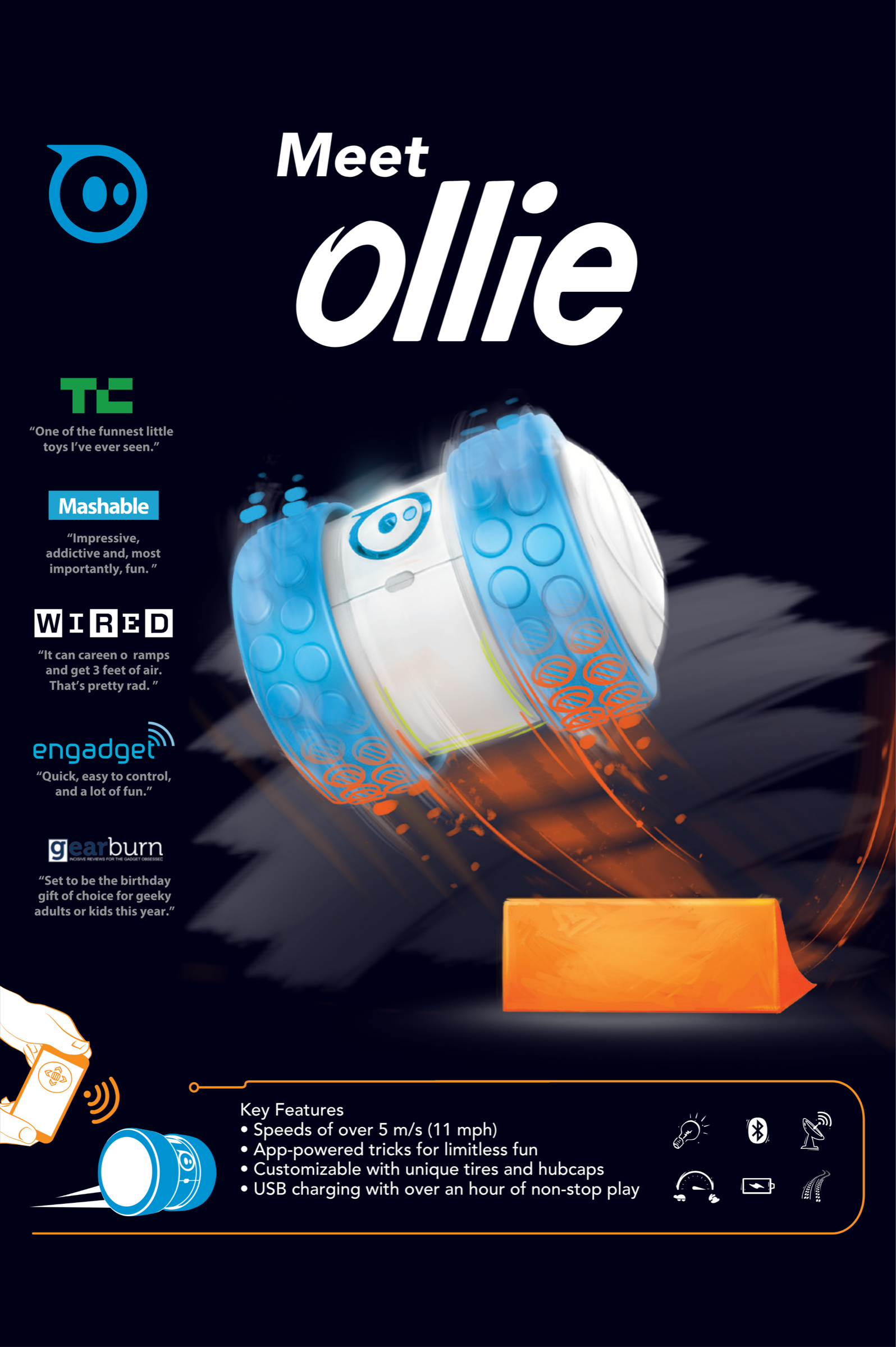 Black Meet Ollie poster showing the blue-and-white Sphero Ollie robot launching off an orange ramp beside press quotes