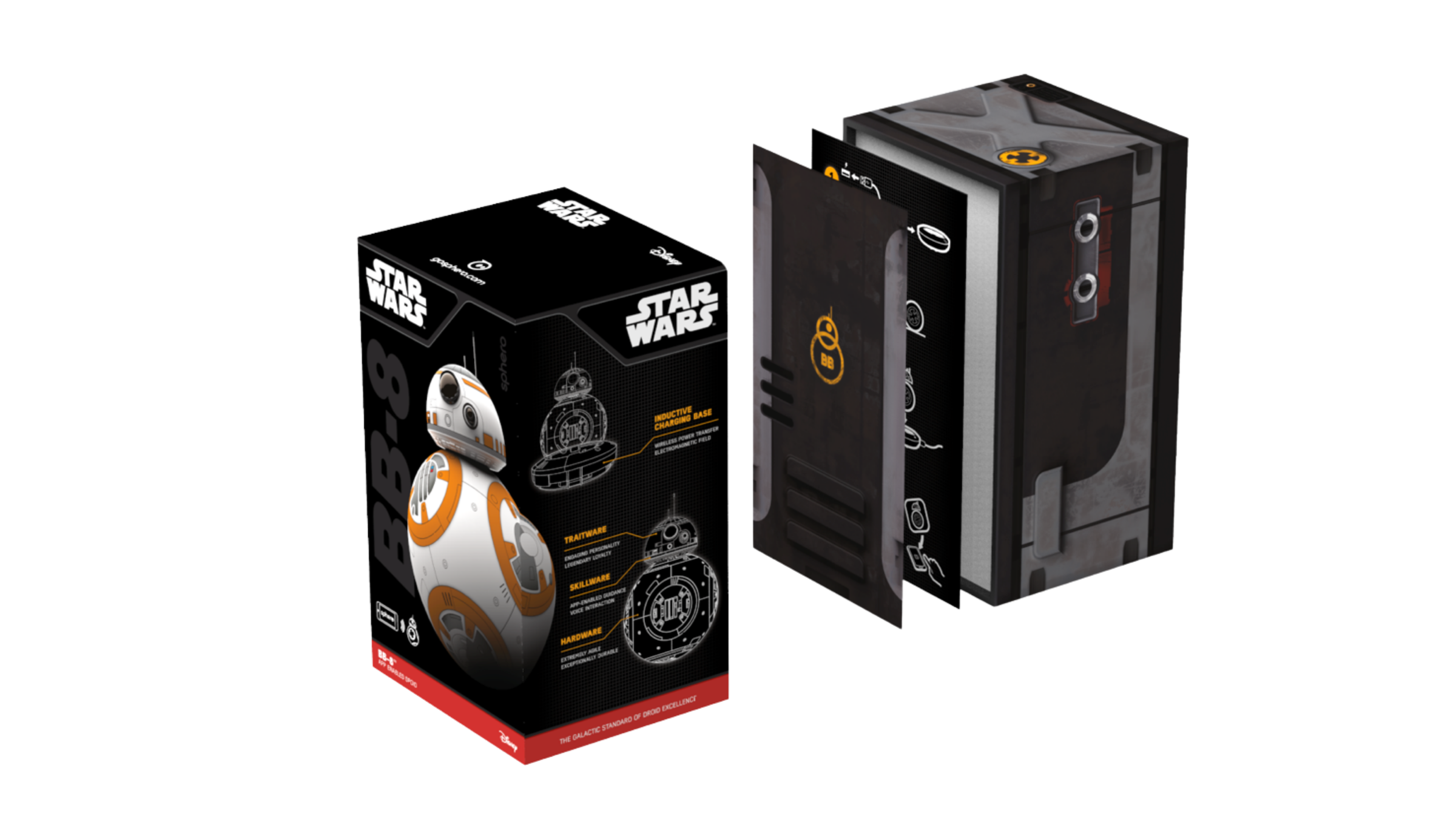 Star Wars BB-8 by Sphero retail box with droid art and cutaway diagrams, beside an opened crate-styled inner box