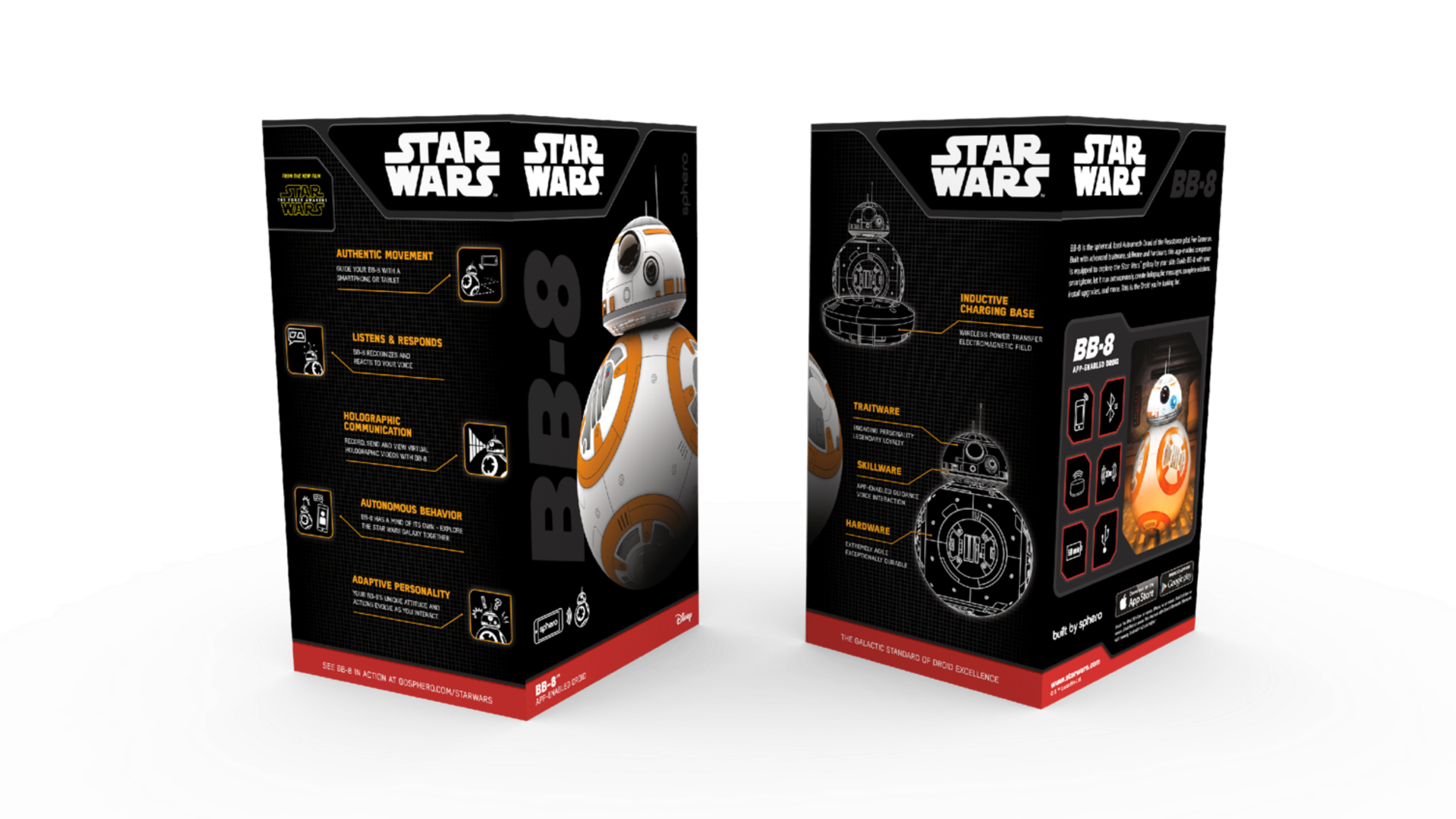 Two renders of Star Wars BB-8 by Sphero retail packaging showing the side and back panels with feature callouts